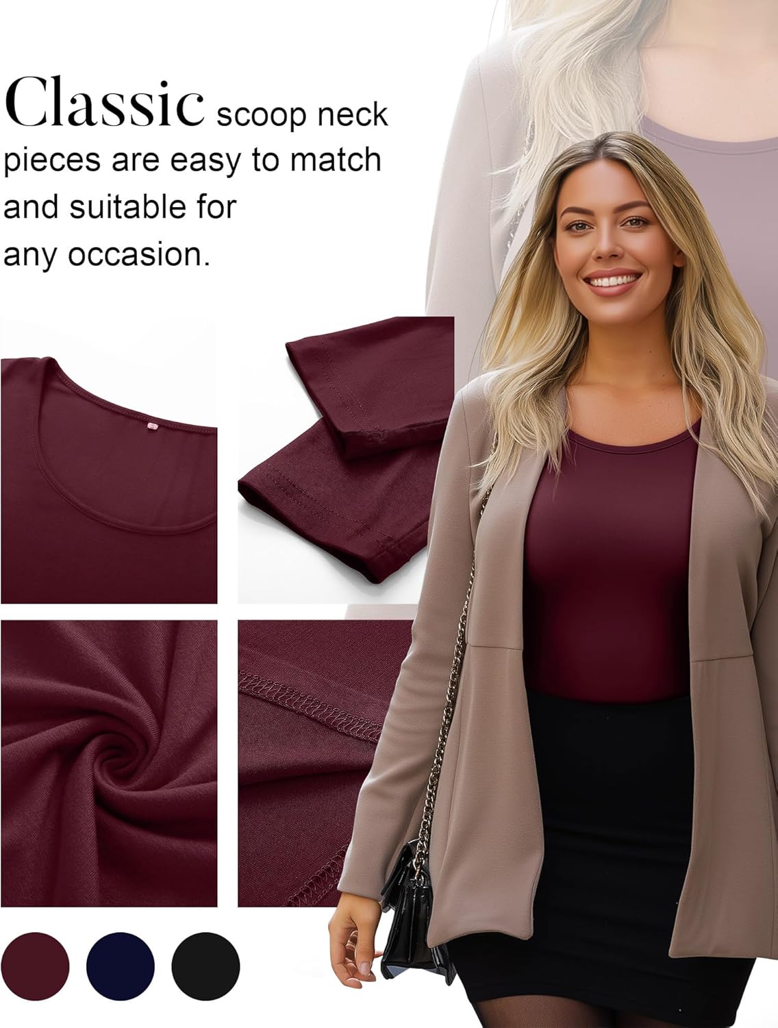 3 Pack Women's Plus Size Shirts Tops Scoop Neck Long Sleeve Tee Slim Fitted Stretchy Casual Basic Fall Winter Blouse - Image 5