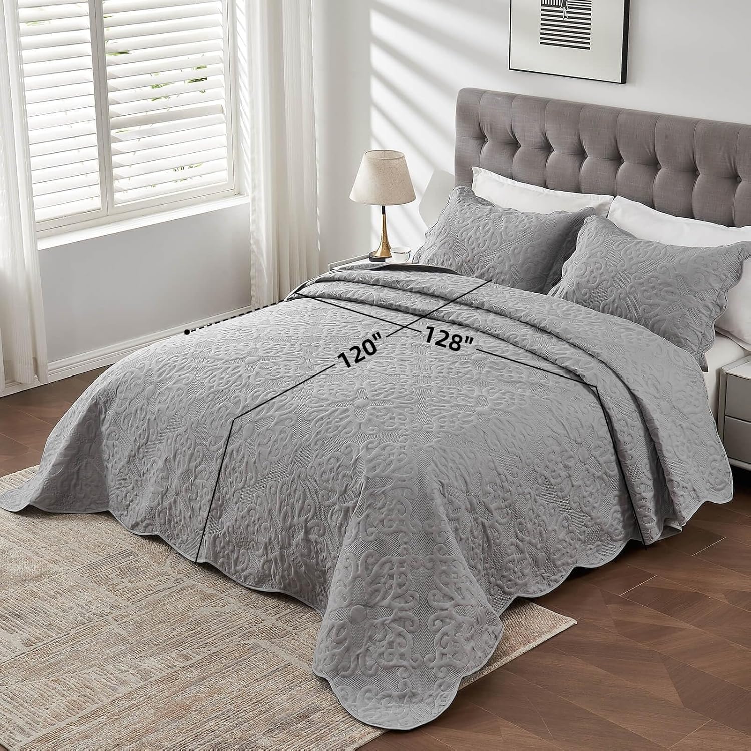 Oversized King Bedspreads 128x120 Extra Wide Quilt for Tall King California King Bed Lightweight 3 Piece Quilted Coverlet Pillow Shams Set Gray