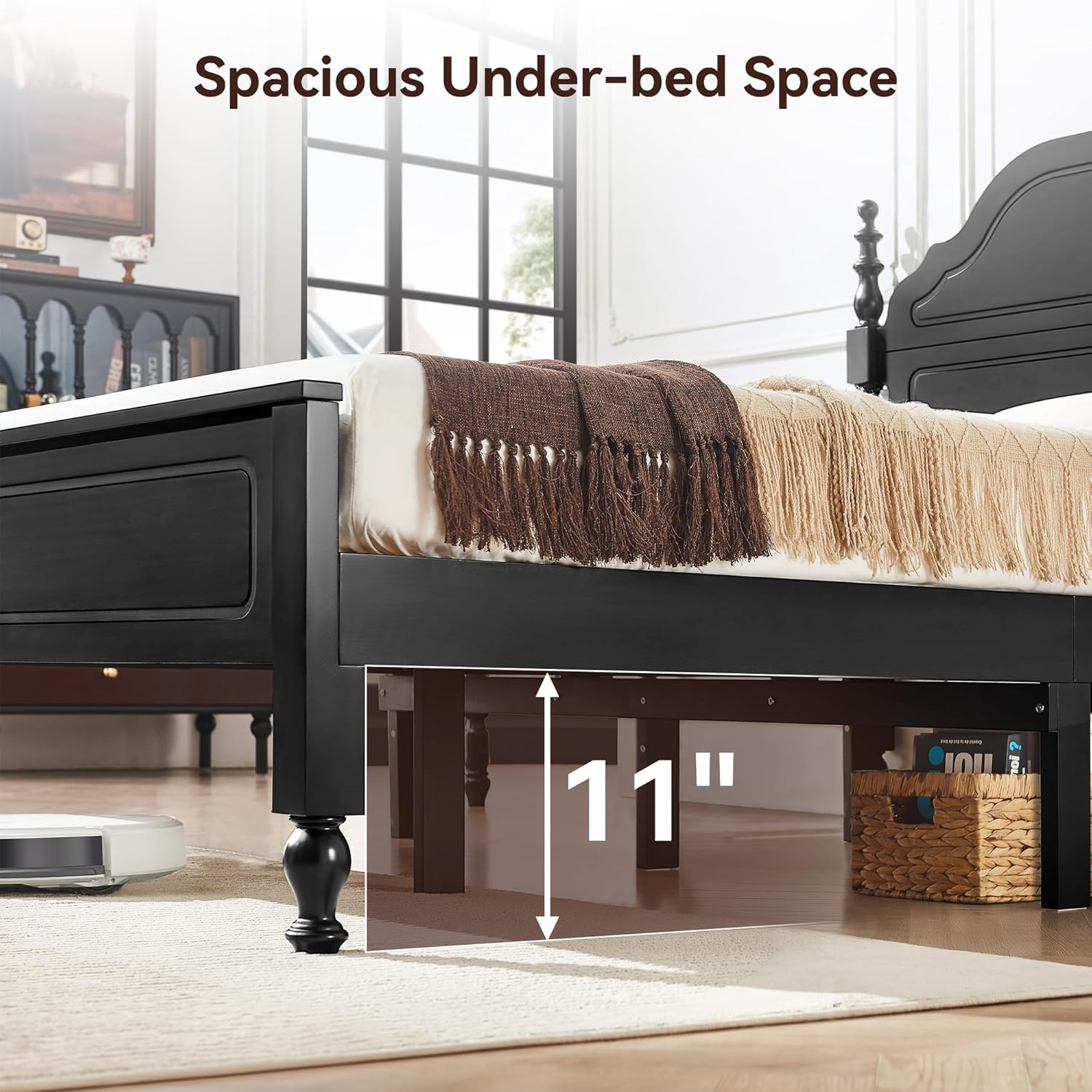 BedsPick Wood Bed Frame Queen Size, Wooden Retro Style Queen Bed Frame with Headboard and Footboard, Heavy Duty Bed Frame with 12 Wood Slats Support, No Box Spring Needed, Noise Free, Black