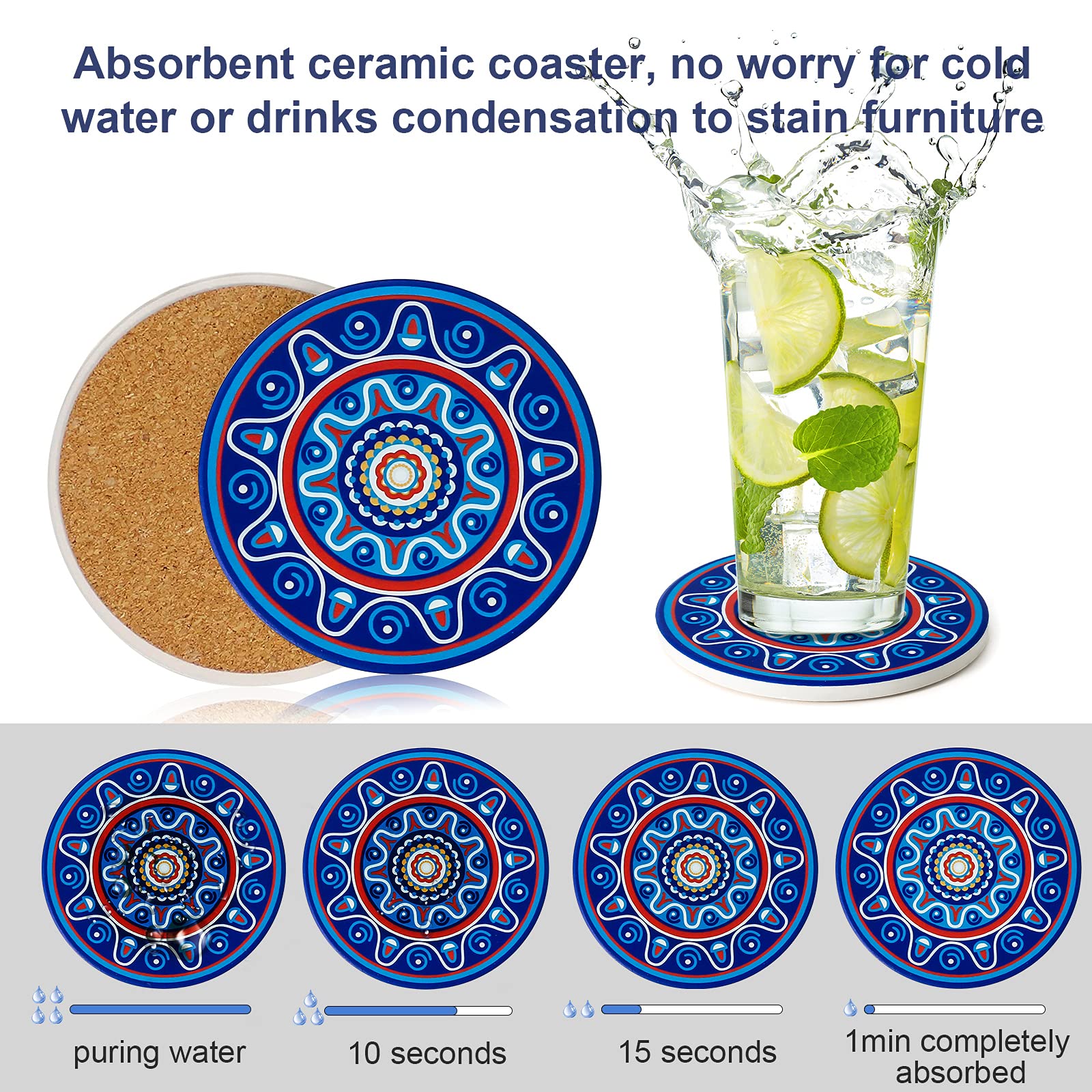Sottobicchieri In Ceramica Con Motivo Mandala - Set Di 8 Con Porta Sottobicchieri In Metallo - Foto 12