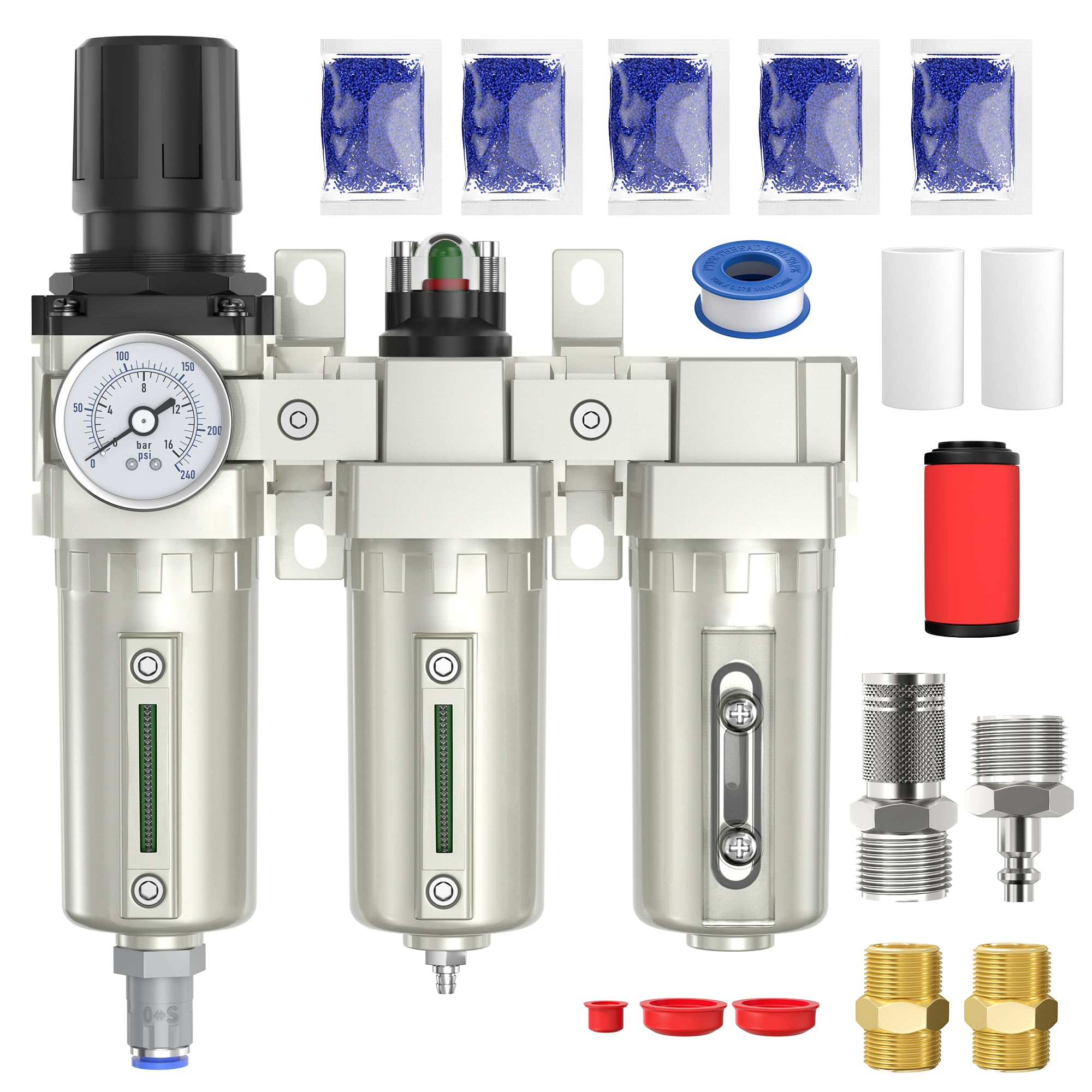 Joinfworld 1/2" NPT separator wody do sprężarek – przemysłowy 3-stopniowy system suszenia powietrza z regulatorem ciśnienia 0-240 psi, filtrem cząstek stałych, filtrem koalescencyjnym, suszarką