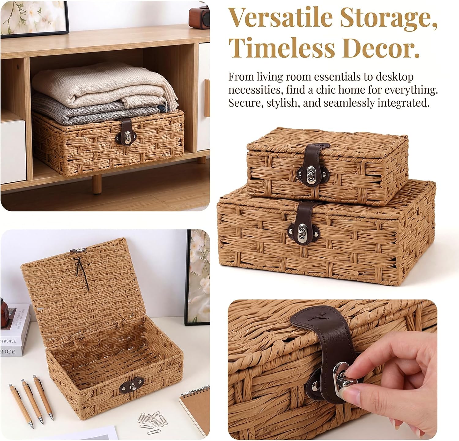 Wicker Storage Basket with Lid, Natural Woven Basket with Lid, Storage Baskets with Lids, Seagrass Rectangular Woven Basket, Storage Boxes with Lids for Shelf Decor. (Small)