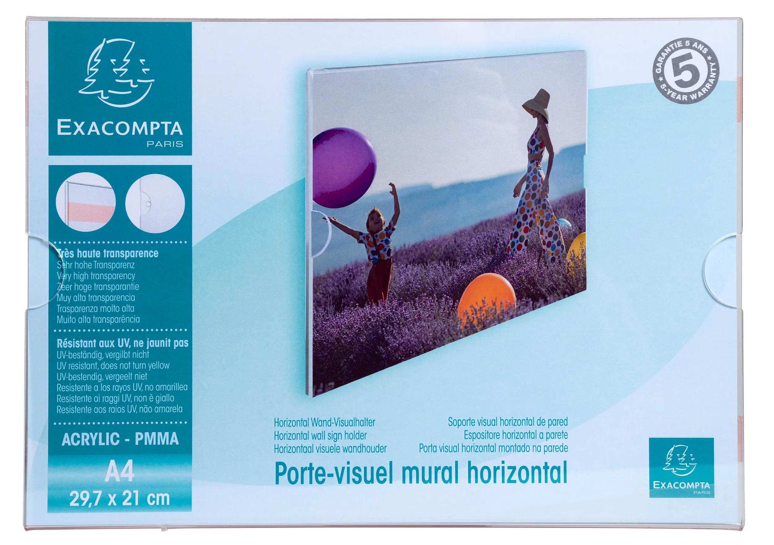 Exacompta - Ref 84858QD - Box of 10 - Horizontal wall Display Holder A4 for displaying Photos or documents - Made of high Transparency PMMA (Acrylic) - Crystal