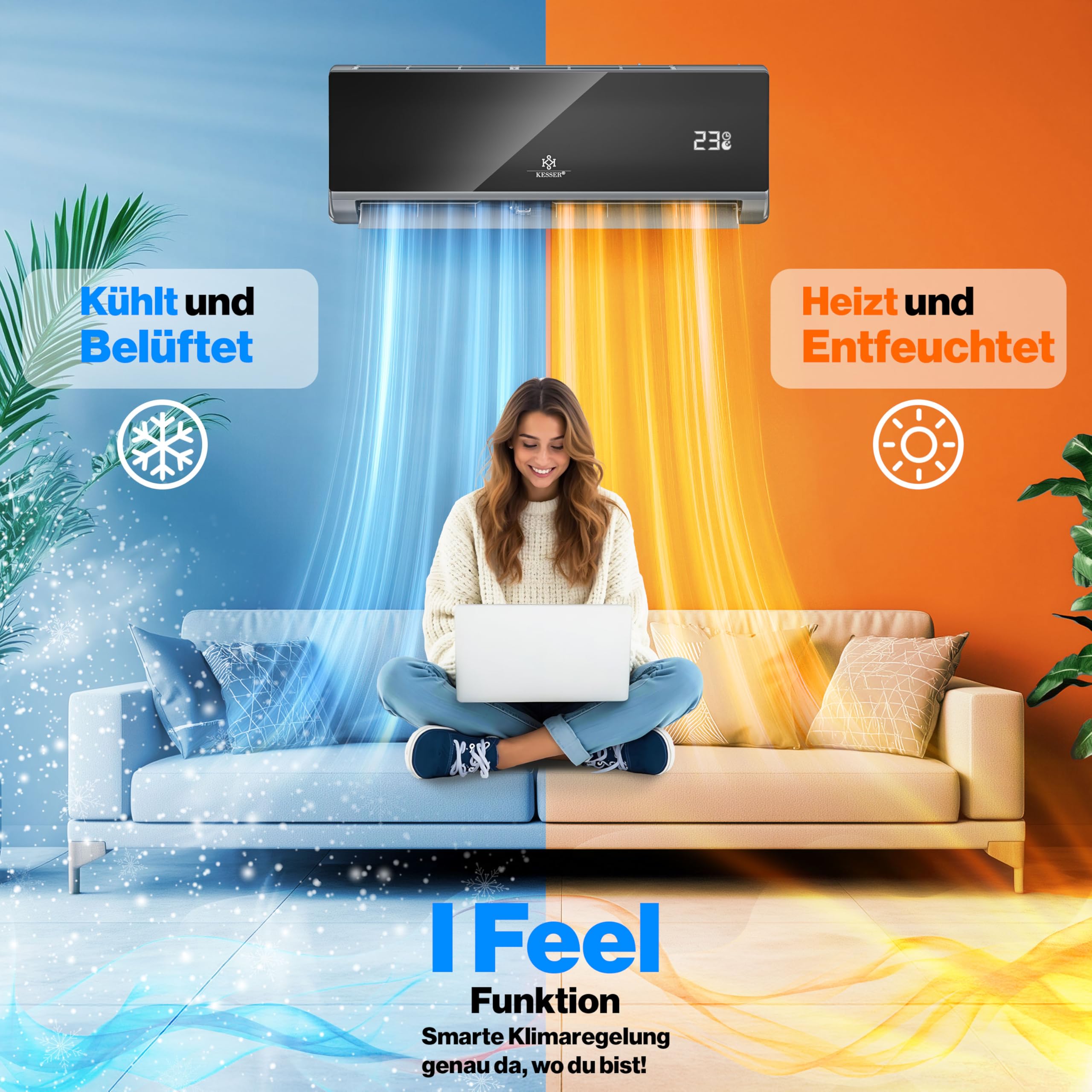 Kesser® Kit de climatisation Split Quick Connect 12000 BTU 3,4 kW – Appareil climatiseur WiFi & App avec fonction de chauffage & mode de refroidissement Climatiseur mural, avec tuyauterie en cuivre