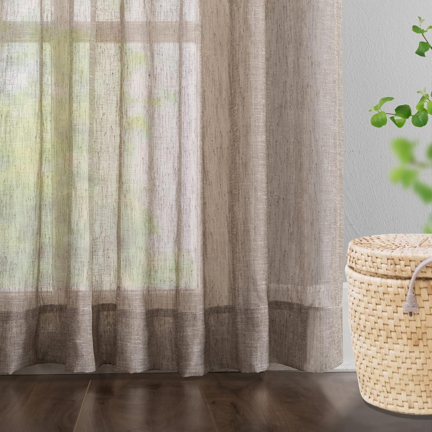 LANTIME Sheer Curtains 96 inches Long, Faux Linen Double Pleated Window Sheer Curtains Panels Drapery for Home, Hotel, Office, 26" W x 96" L, Set of 2, Light Brown