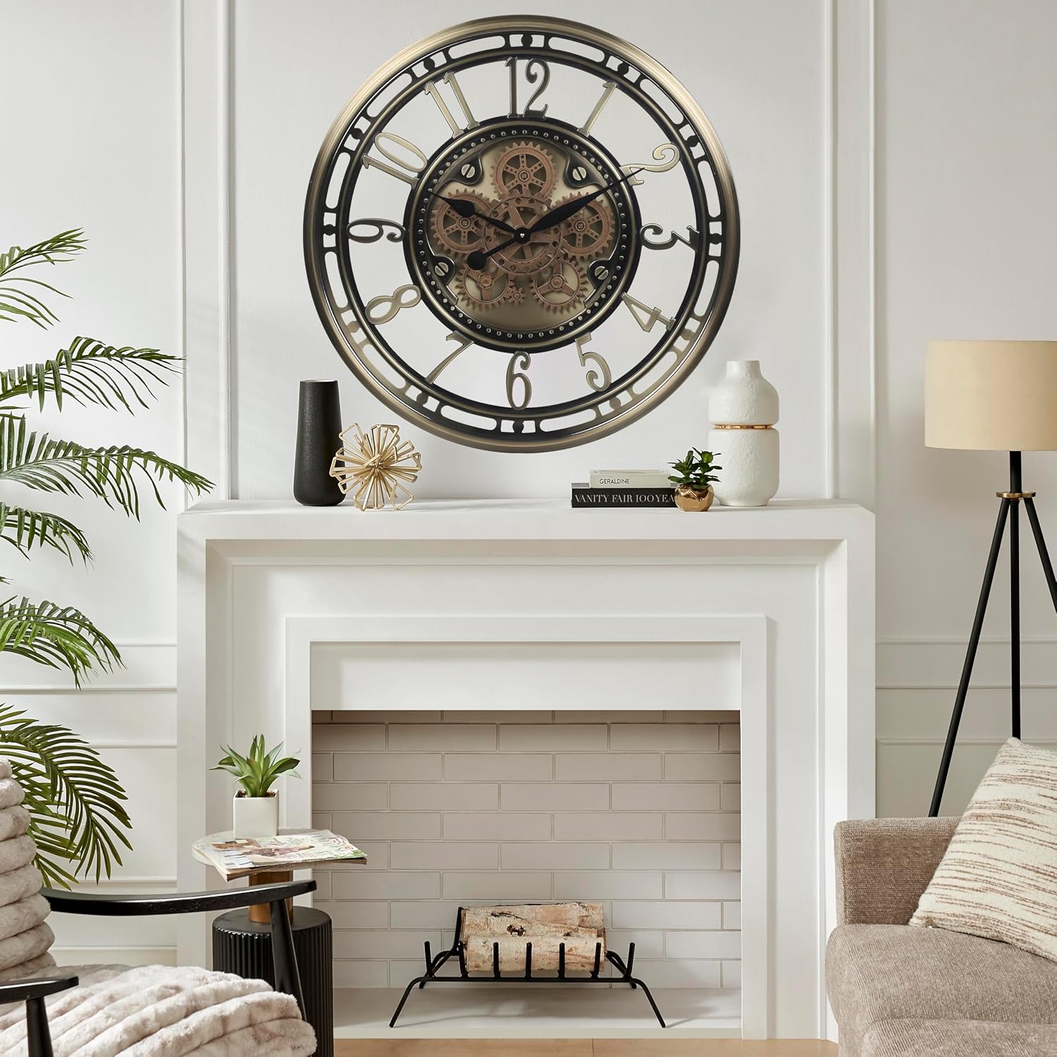 CLXEAST 28 Inch Large Moving Gear Wall Clock for Living Room Decor, Modern Farmhouse Wall Clock for Home Office,Brass Gold,House Warming Gifts New Home