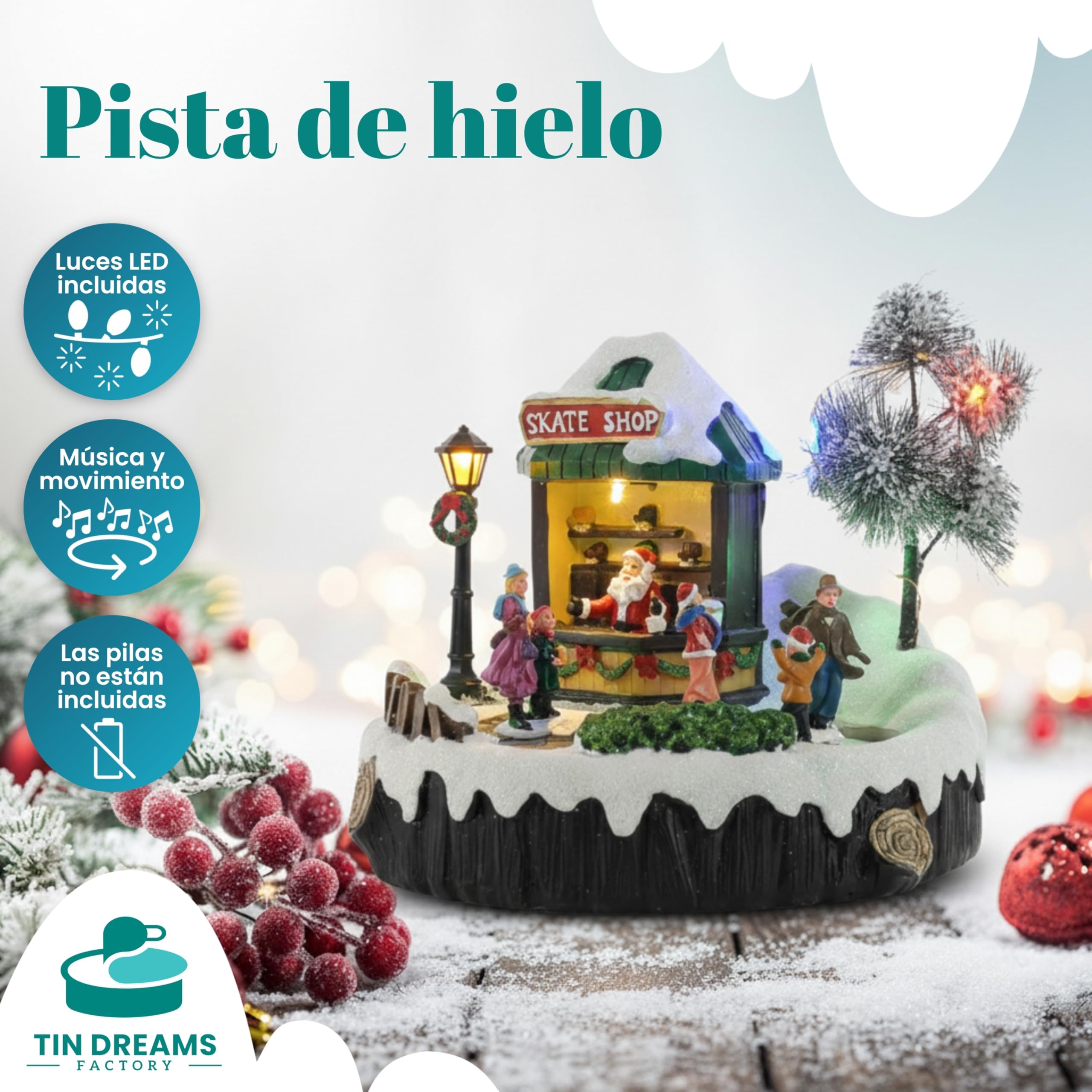 Tin Dreams | Pista de Hielo Navidad con Música, Movimiento y Luces | Escena Navideña Animada con Patinadores | Casita Iluminada para Pueblo, Villa, Aldea Navideña | Decoración Festiva Hogar
