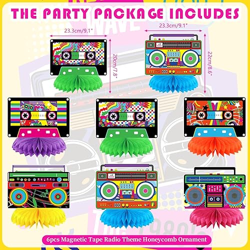 Miniatura 2 de Cinta de casete para decoración de fiesta, 6 pancartas de fiesta de los años 80 y 90, 6 piezas de cinta de casete de panal de abeja, pancartas