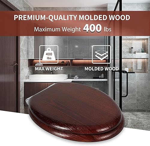 Miniatura 5 de Angel Shield - Asiento para inodoro redondo de madera con cierre lento, fácil de limpiar y bisagras de liberación rápida (redondo, nogal oscuro)