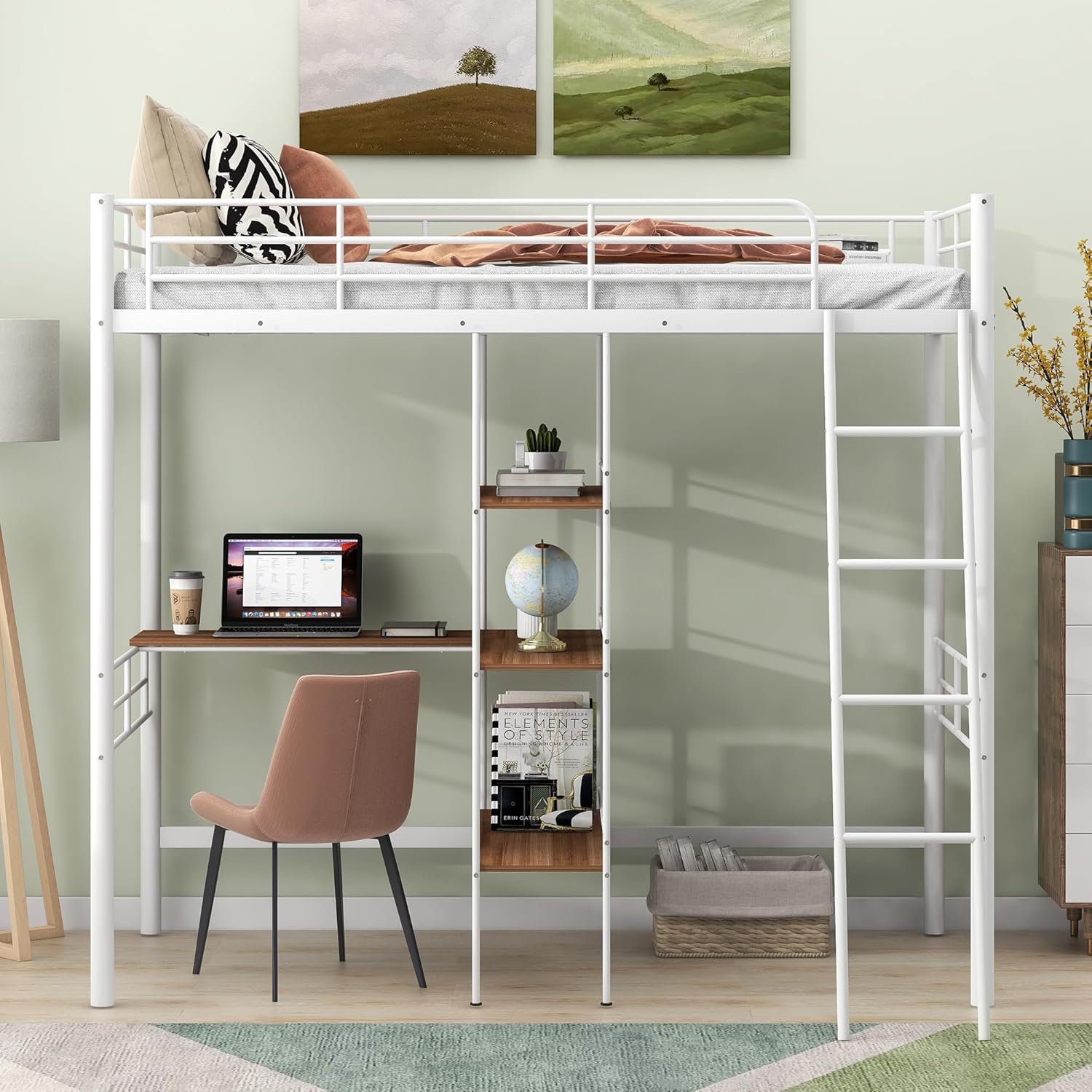 Metal Loft Bed with Built-in Desk,Heavy Duty Loft Bed with Shelves,No Box Spring Needed,White
