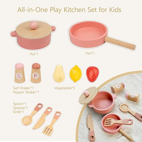 Miniatura 8 de Cocina de juego de madera rosa con características realistas y accesorios, juguete de cocina de simulación para niños mayores de 3 años, regalo