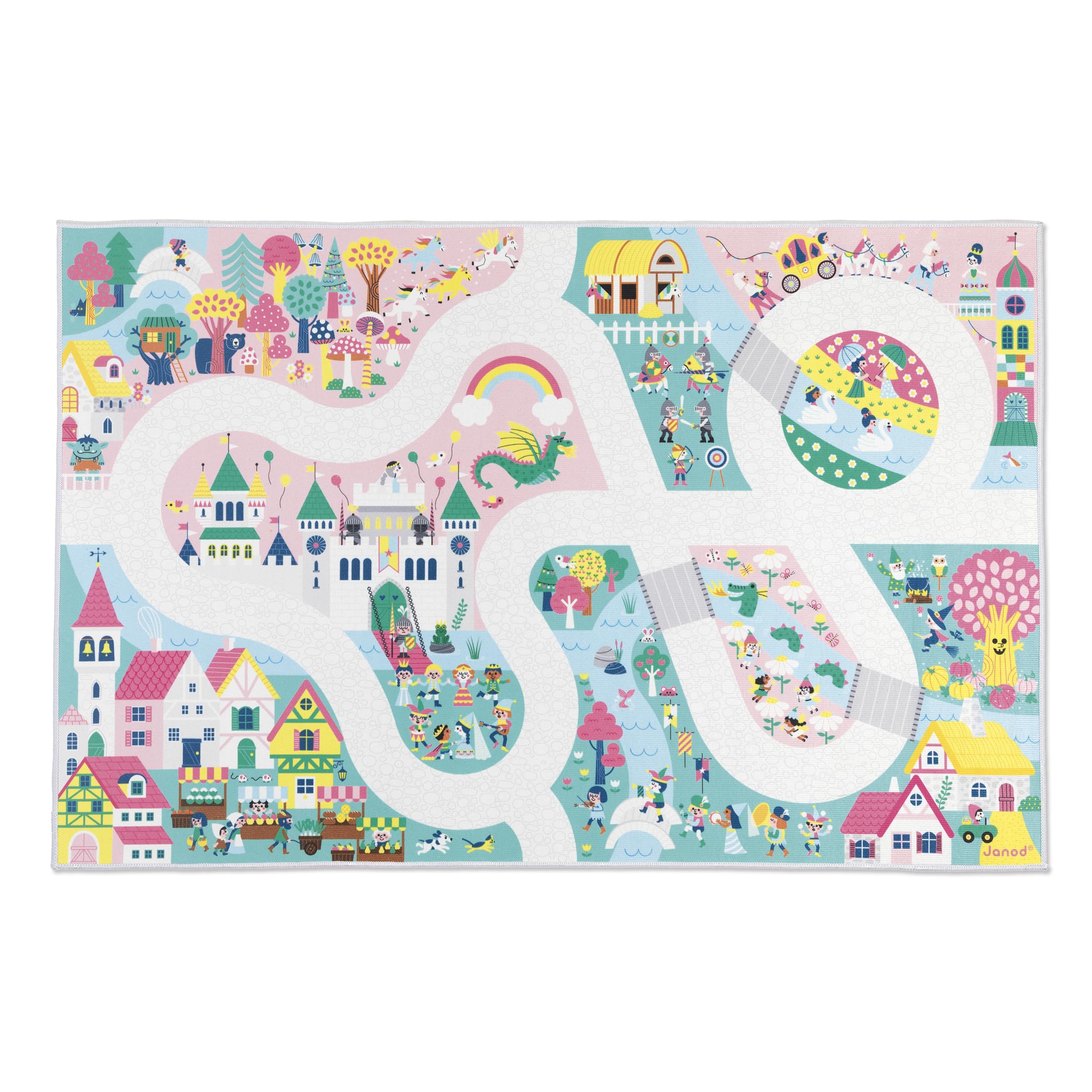 Janod - Tapis Voiture Enfant - Thème Royaume Enchanté - Doux & Anti-dérapant - Motif Fantaisie - Tapis de Jeux Chambre Fille & Garçon - 120 x 78cm - Lavable à la main – A partir de 2 ans - J05920