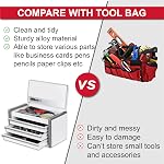 P.I.T. Mini Tool Box W22cm x D12cm, Portable 3 Drawer Steel Stackable Toolbox with Magnetic Tab Locking, White Micro Top Chest with Liner for Tools Storage and Organizers, Home DIY