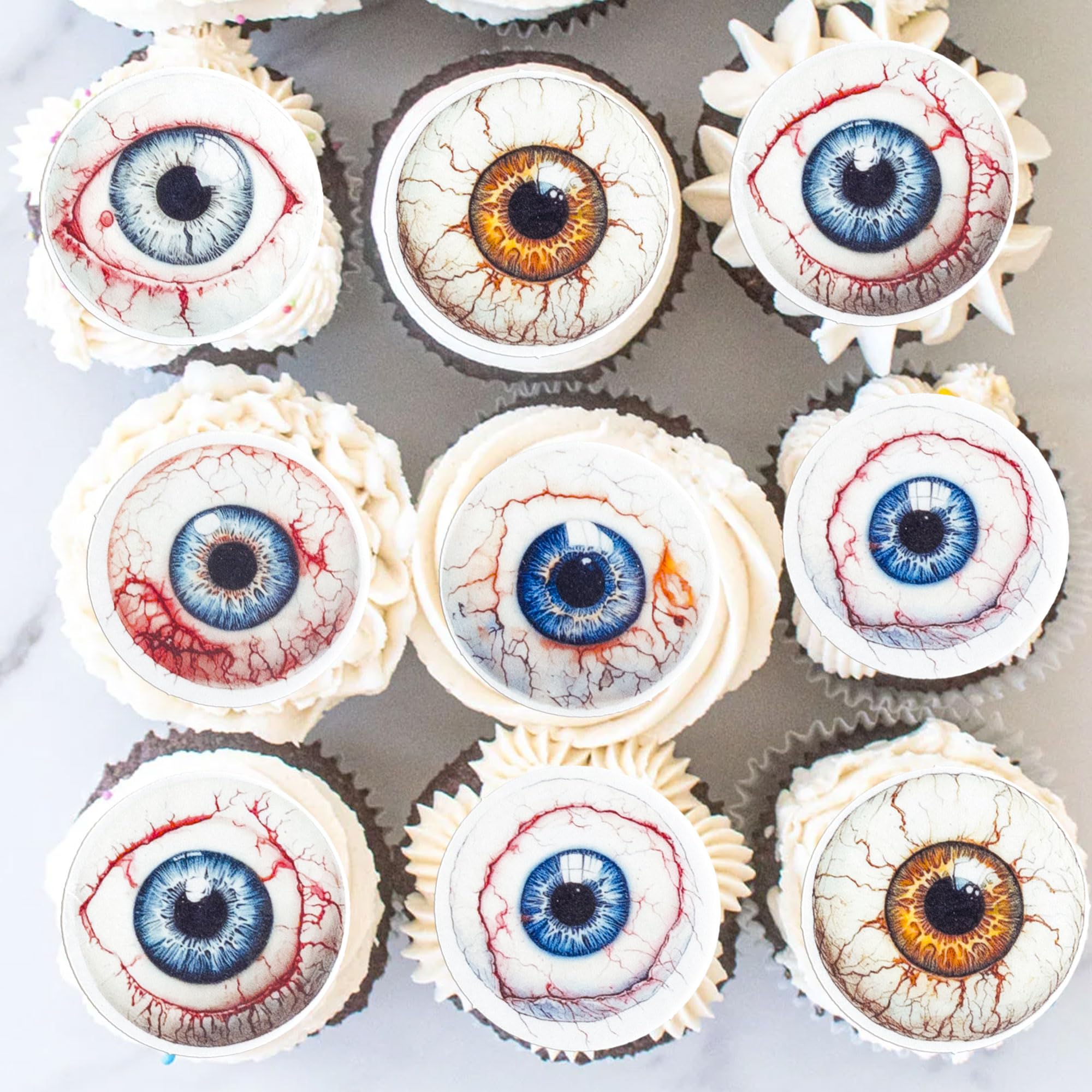 Gyufise 54Pcs Edible Eyes for Decorations Halloween Eyes Cupcake Toppers Rice Paper Eyeballs Cupcake Picks for Horror Theme Birthday Baby Shower Halloween Party Supplies White Eye