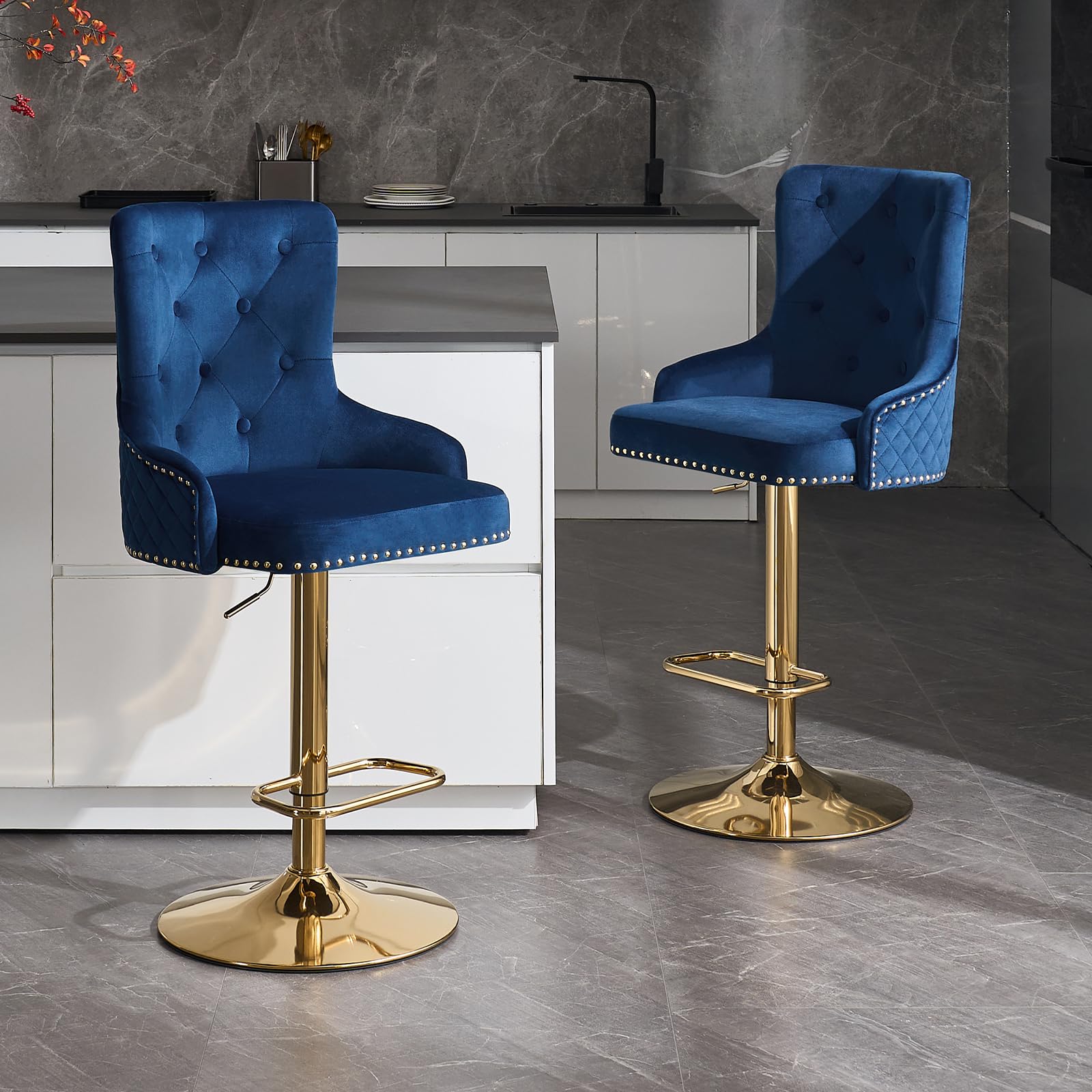 KHISCHMO Swivel Adjustable Bar Stools Set of 2 Velvet Upholstered Counter Height Barstools with Back Modern Bar Chair with Golden Base Footrest for