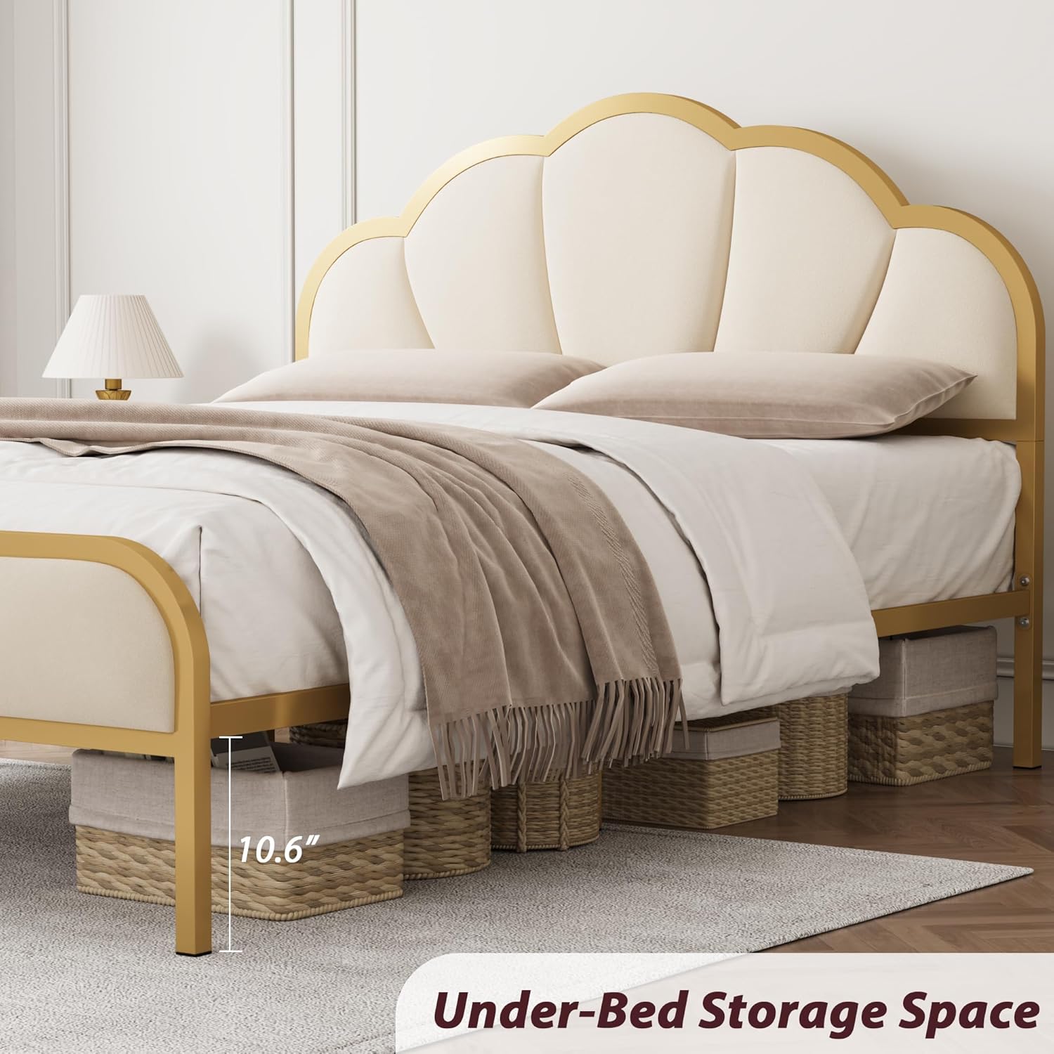 Image showing items stored under the bed frame, highlighting the 10.6 inch clearance
