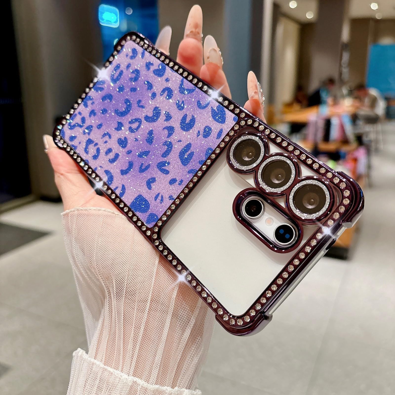 Carcasa genérica compatible con Samsung Galaxy S24 Ultra (patrón: leopardo púrpura) con purpurina, cubierta trasera para lente de cámara