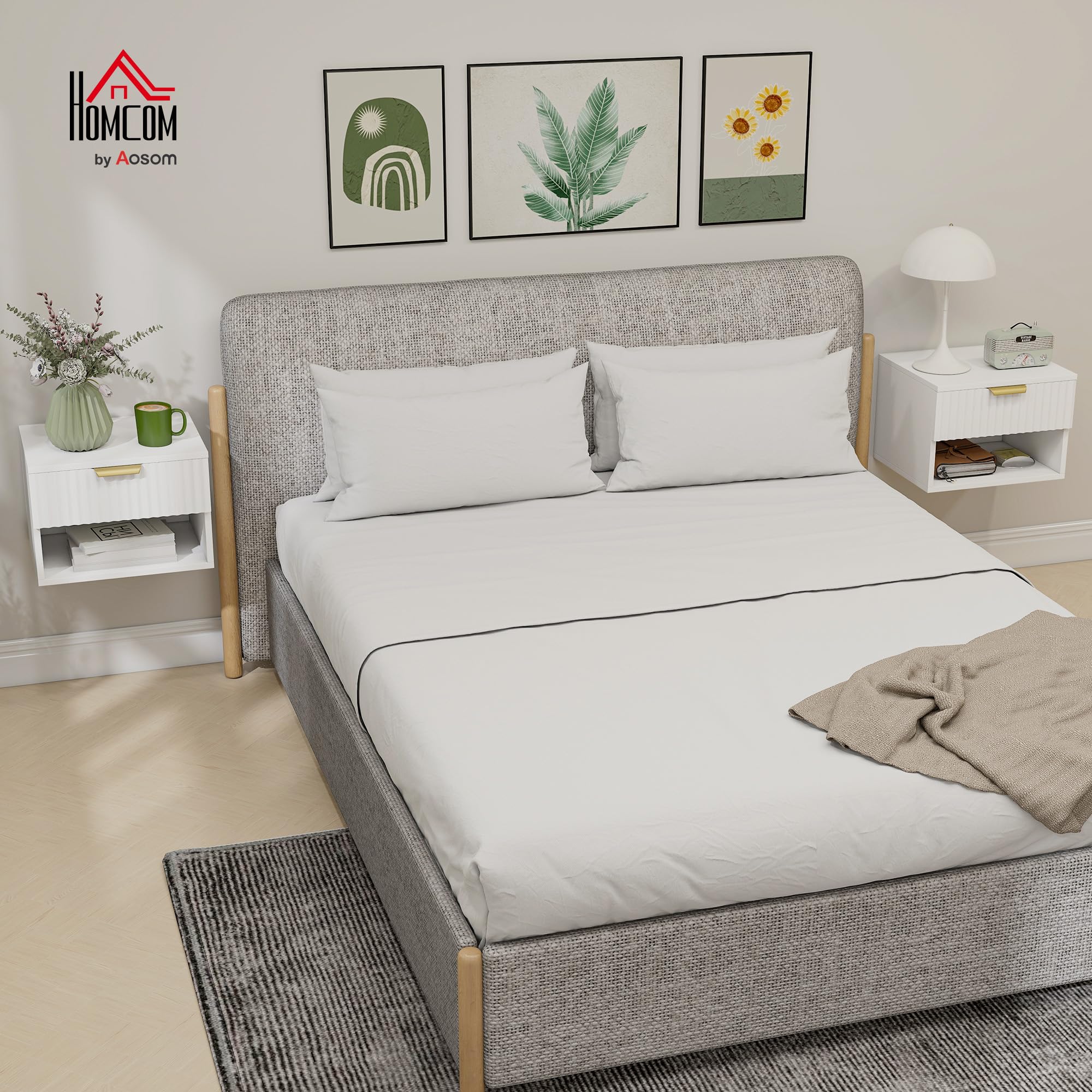 HOMCOM Set di 2 Comodini Camera da Letto Sospesi, 40x34x29 cm Bianco | Pannelli Scanalati, Coppia di Comodini Moderni, Cassetto e Ripiano
