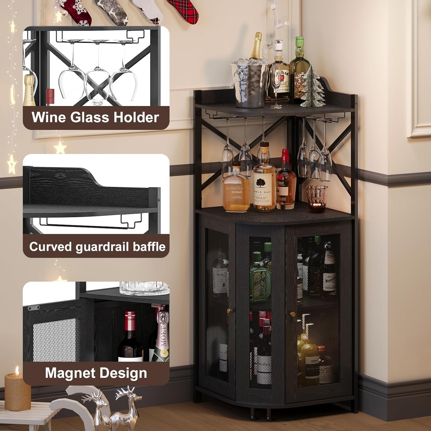 Detailed view of the wine glass holder, curved guardrail baffle, and magnet design on the cabinet door.
