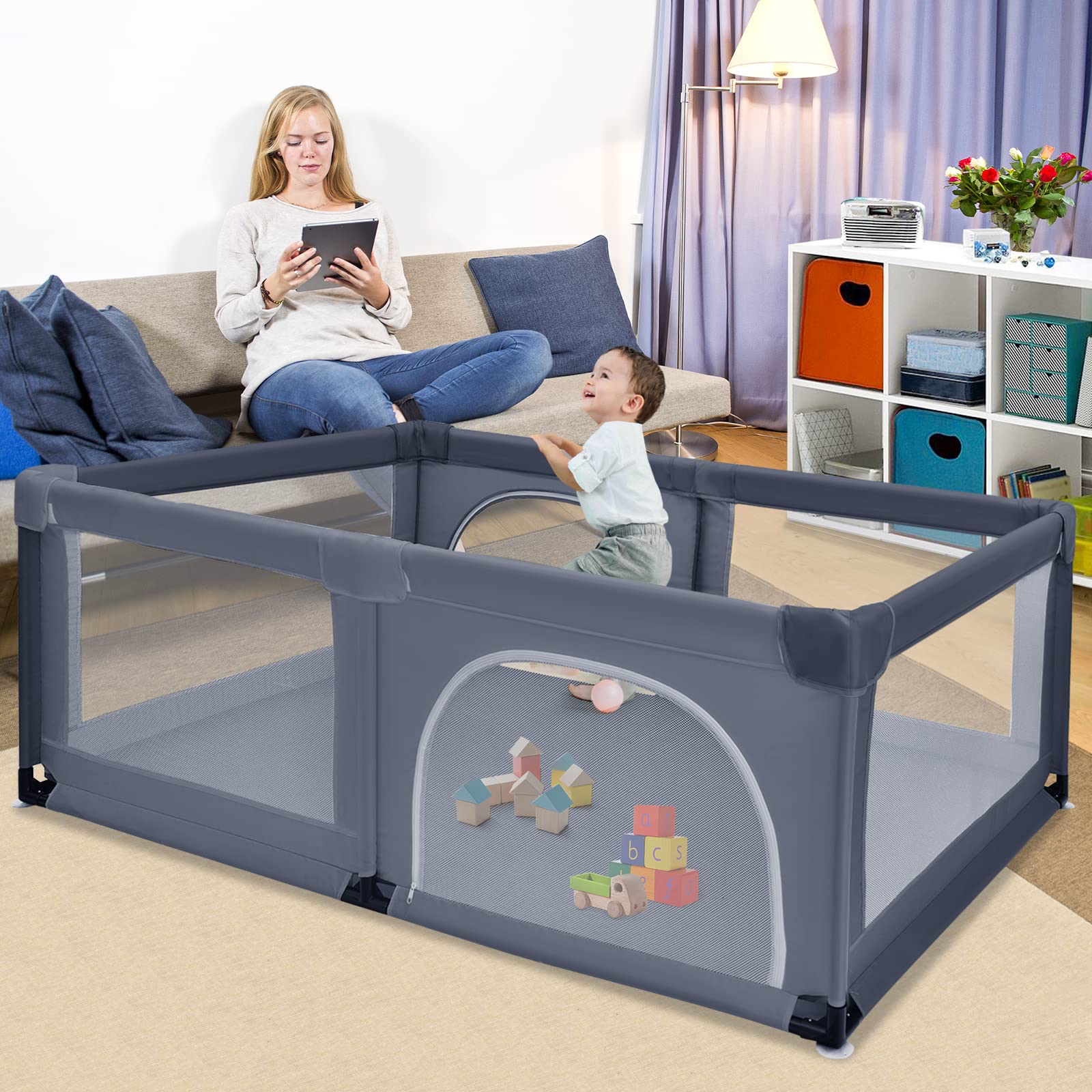 COSTWAY Box per Bambini, Centro Attività Portatile e Sicuro per Bambini, Box Colorato con Cancello, Recinto Extra per Interno ed Esterno con Rete Traspirante Durevole (Grigio scuro)
