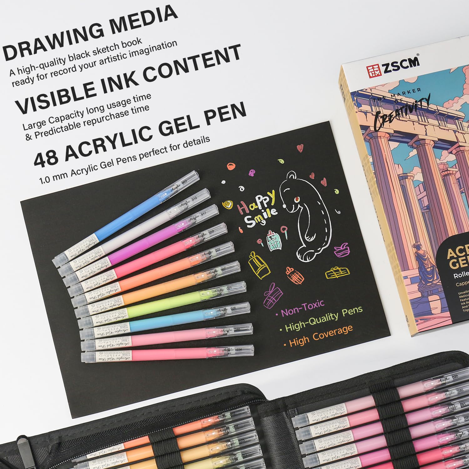 ZSCM Cuaderno de bocetos de papel negro y bolígrafos de gel acrílico de 48 colores para dibujar, bolígrafo de tinta acrílica de punta fina de 1 mm, bolígrafos de tinta de archivo opacos para dibujo de