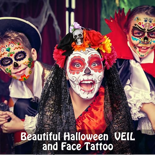 Miniatura 2 de WILLBOND Diadema del Día de los Muertos con corona de Halloween con velo floral rosa con 8 piezas de tatuajes temporales para Halloween en la cara,