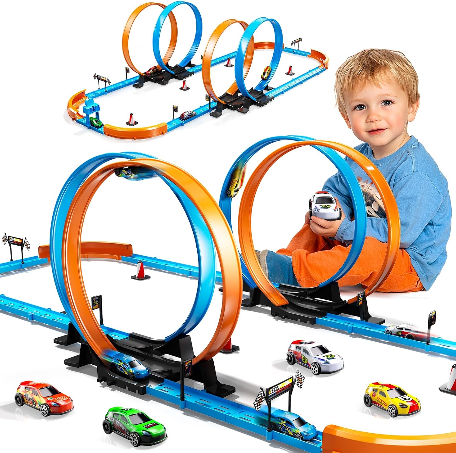 Toy Car Race Track Set for Boys Kids Age 3-5 4-7, Race Tracks with 4 Crash Zones and 1:64 Scale High-Speed Slot Cars, Christmas Halloween Birthday Gifts Toys for Toddlers Boys 4-8 8-12 Years 3317