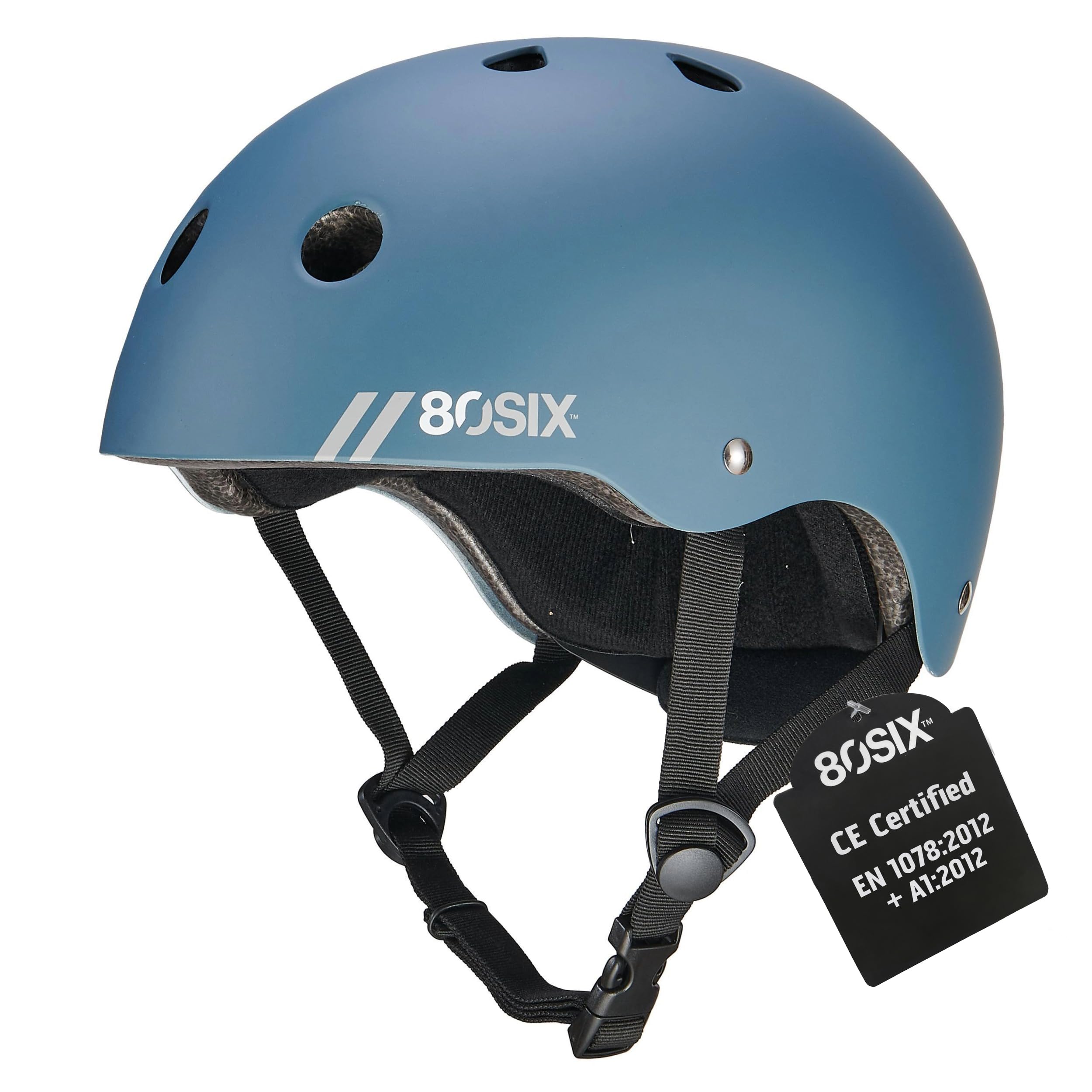 80SIX Hybrid Halo Skateboard & Bike Helmet for Kids & Adults, EPS Safety Adjustable Protection for Cycle, Motorbike, Scooter, Inline Skates, Roller Skates & BMX Multi-Sport, STONE BLUE MATTE L/XL