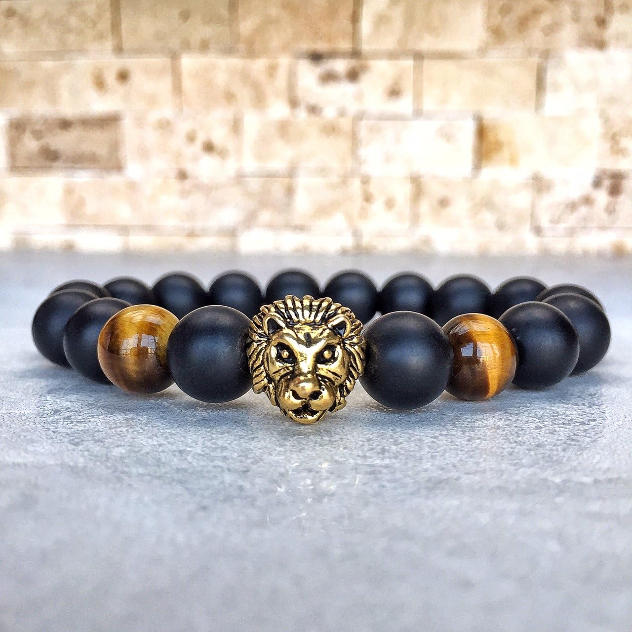 MENS LION TIGER EYE & MATTE ONYX HANDMADE STRETCH BRACELET