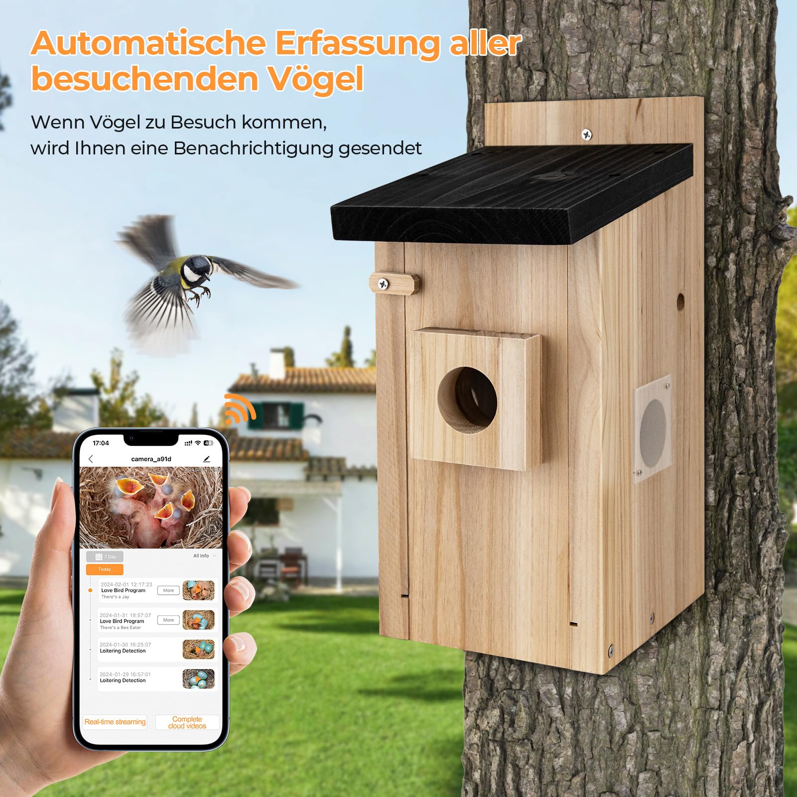 RAINBEAN Bird House with Camera,Nistkasten mit Kamera, 4 Millionen Pixel Outdoor-Vogelhaus-Kamera, Echtzeitbeobachtung des Nestbaus und der Brut von Vögeln, AI-Erkennung des Vogelverhaltens, DIY