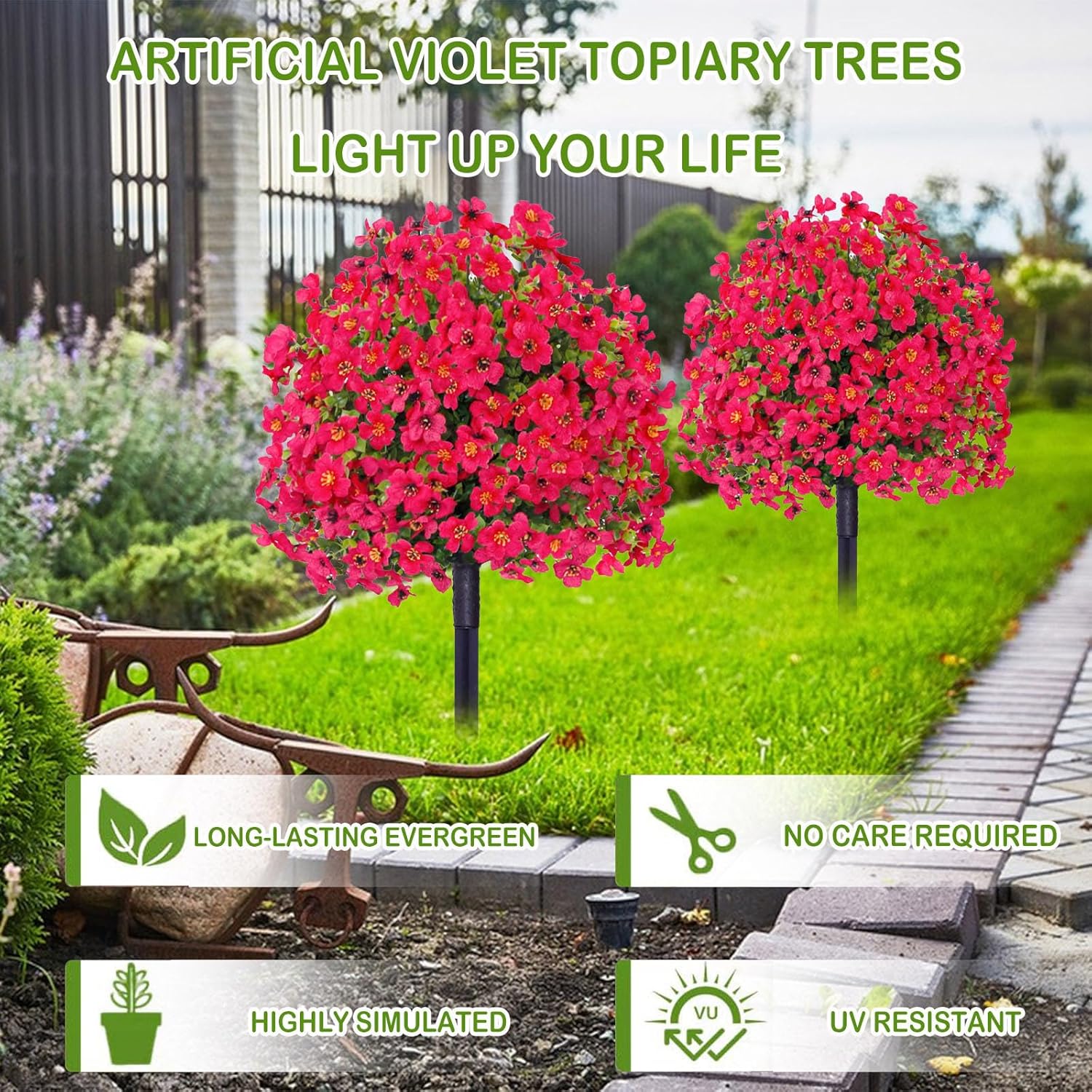 Artificial Violet Ball Topiary Trees with Ground Spikes, 2 Pack Fake Artificial Bushes Plants, Fade Resistant Faux Artificial Shrubs Tree for Indoor Outdoor Front Porch Decor 23in (E-2 Pcs)