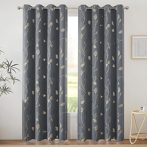Miniatura 22 de BUHUA Cortinas de bloqueo de calor, cortinas opacas de 45 pulgadas de largo, 2 paneles burg, cortinas insonorizadas con estampado de hojas doradas