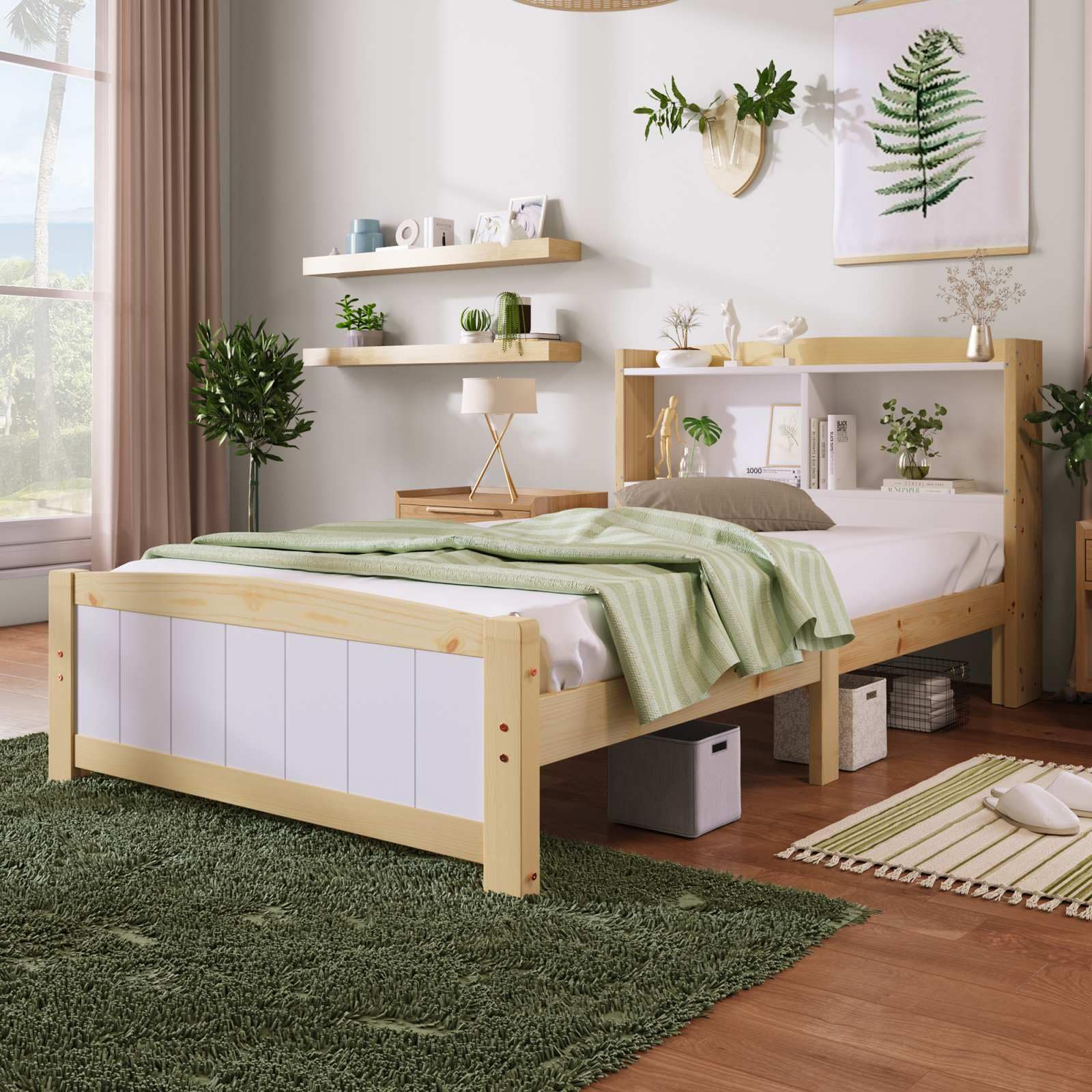 KOMHTOM Simple Lit en Bois avec Tête de lit de Rangement Cadre de lit Plateforme avec Sommier à Lattes pour Enfant, Adolescents(sans Matelas) (A, 90x200 cm)