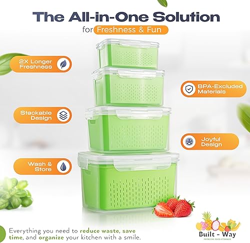 Miniatura 6 de Fruit Storage Containers for Fridge - Set of 4 - Airtight Lid Keeps Fresh - For Fruit & Vegetable Storage - Space-Saving Design - Ideal for Produce,