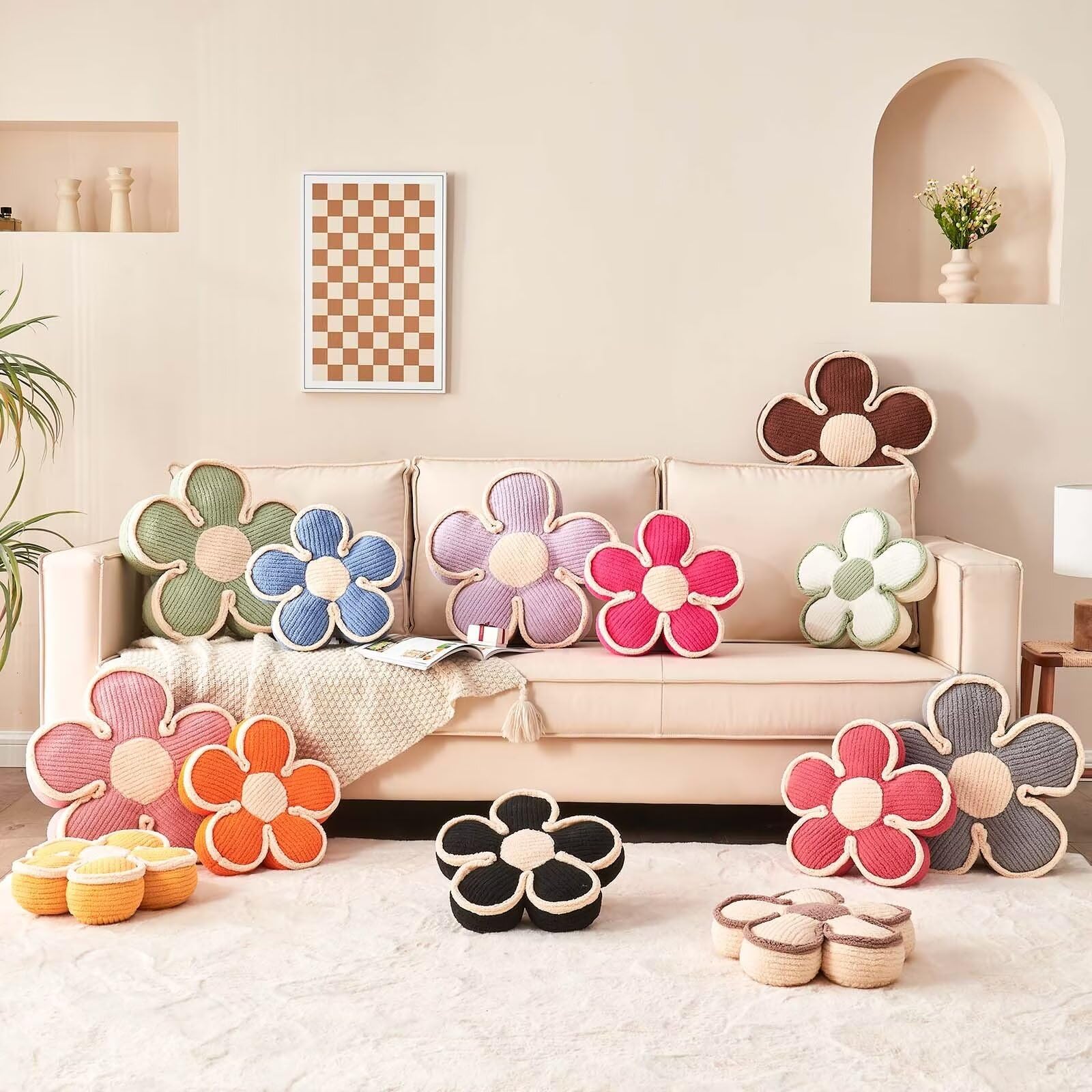 Kcvvcr Blumenkissen, weich geformtes Bodenkissen, dekoratives Wurfkissen, niedliches Sitzkissen, Raumdekoration, Plüschkissen für Sofa, Couch, Bett, 45 cm, Weiß