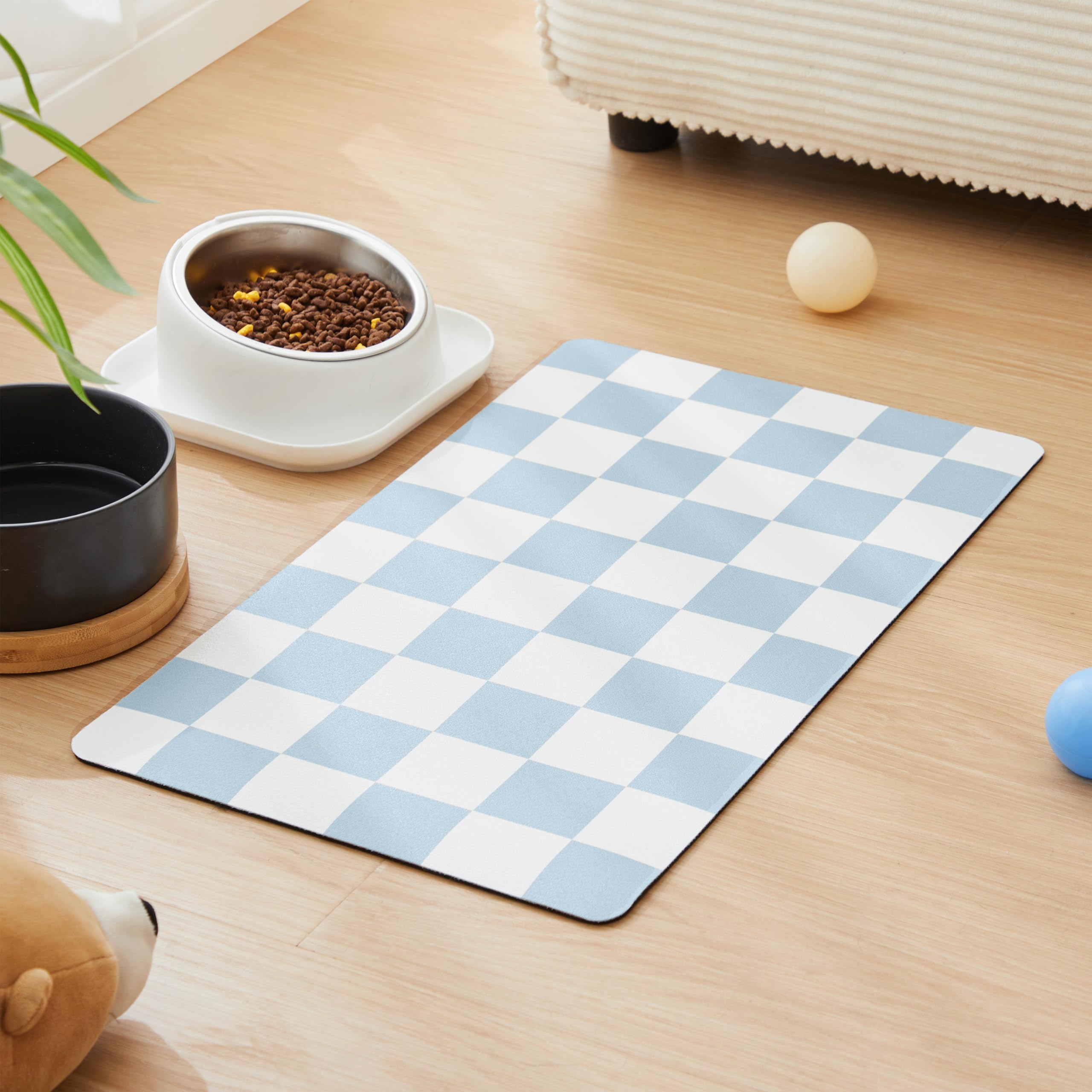 Ralxion Checkered Dog Feeding Mat, Absorbent Mats for Dog Food and Water Bowl, Dispenser, Retro Aesthetic Light Blue Checkerboard Pet Placemat for Dogs, Cats, Puppy Accessories, 16" X 24” — image 1