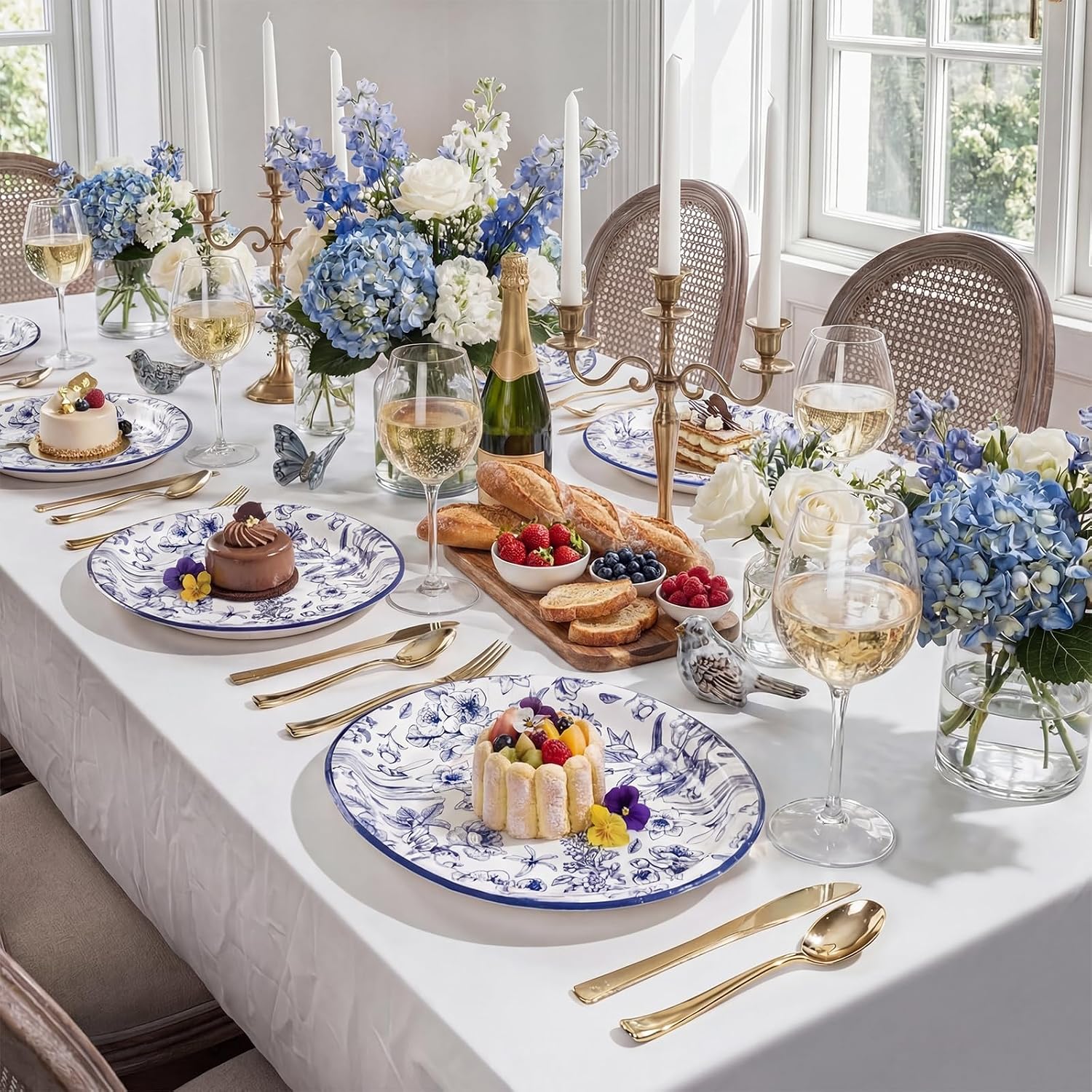 WDF 50Pack Blue Oval Paper Plates - 10"x12"Heavy Duty Floral Oval Paper Plates - Spring Large Floral Disposable Platters for Spring/Birthday/Picnics/Party