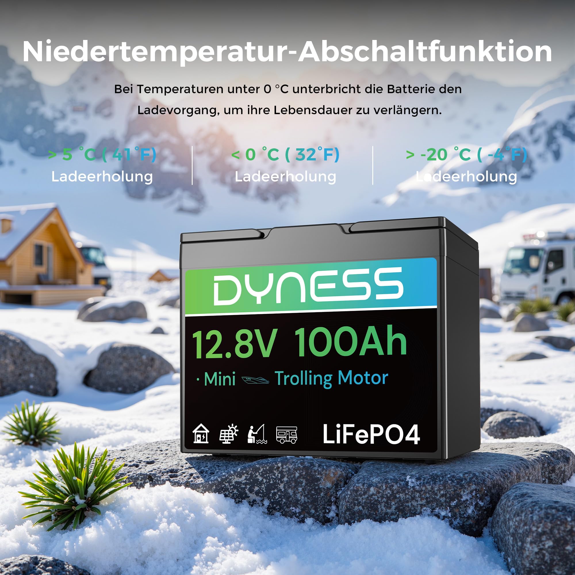 Dyness Lithium Batterie 12V 100Ah LiFePO4 Mini Akku mit 100A BMS, Niedertemperaturschutz, Max.15000 Zyklen, für Bootsmotor, Wohnwagen, Batterie Box, Solarsysteme, Netzunabhängige Systeme