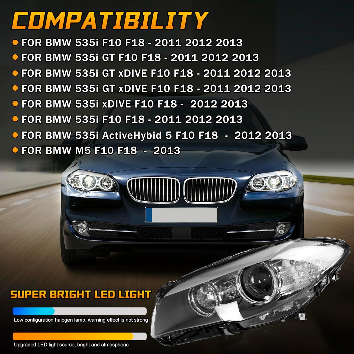 Headlight Assembly Compatible With BMW 5 Series F10 535i 528i 550i M5 ActiveHybrid 5 F18 2011-2013 Xenon Headlight Adaptive Headlamp Right Driver Side. 11-13 BMW 5