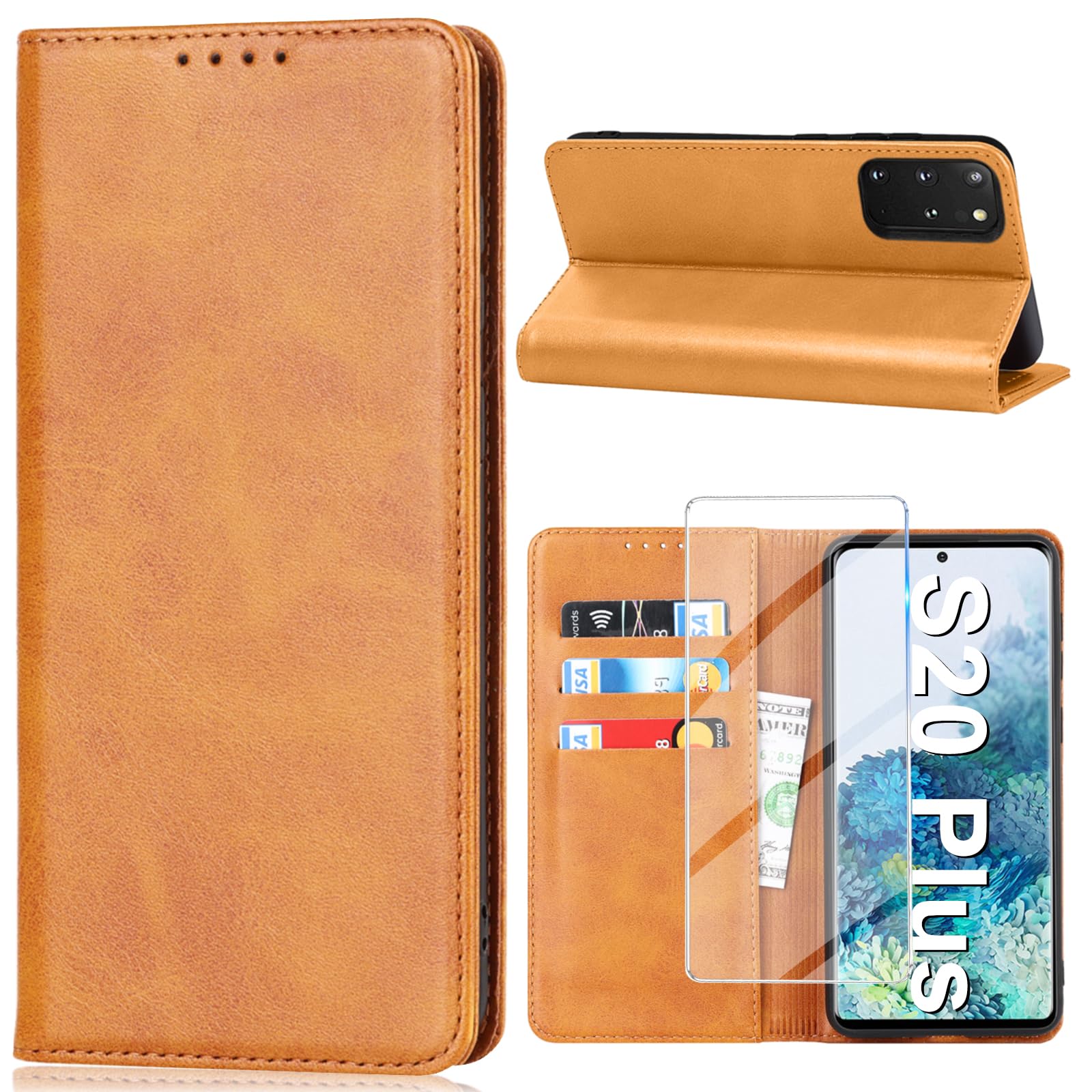 Vaki Handyhülle für Samsung Galaxy S20 Plus Hülle mit Schutzfolie, Schutzhülle Galaxy S20 Plus PU Leder Wallet Kartenfach Ständer Klapphülle Lederhüllen Case für Samsung S20 Plus Tache Cover (Gelb)