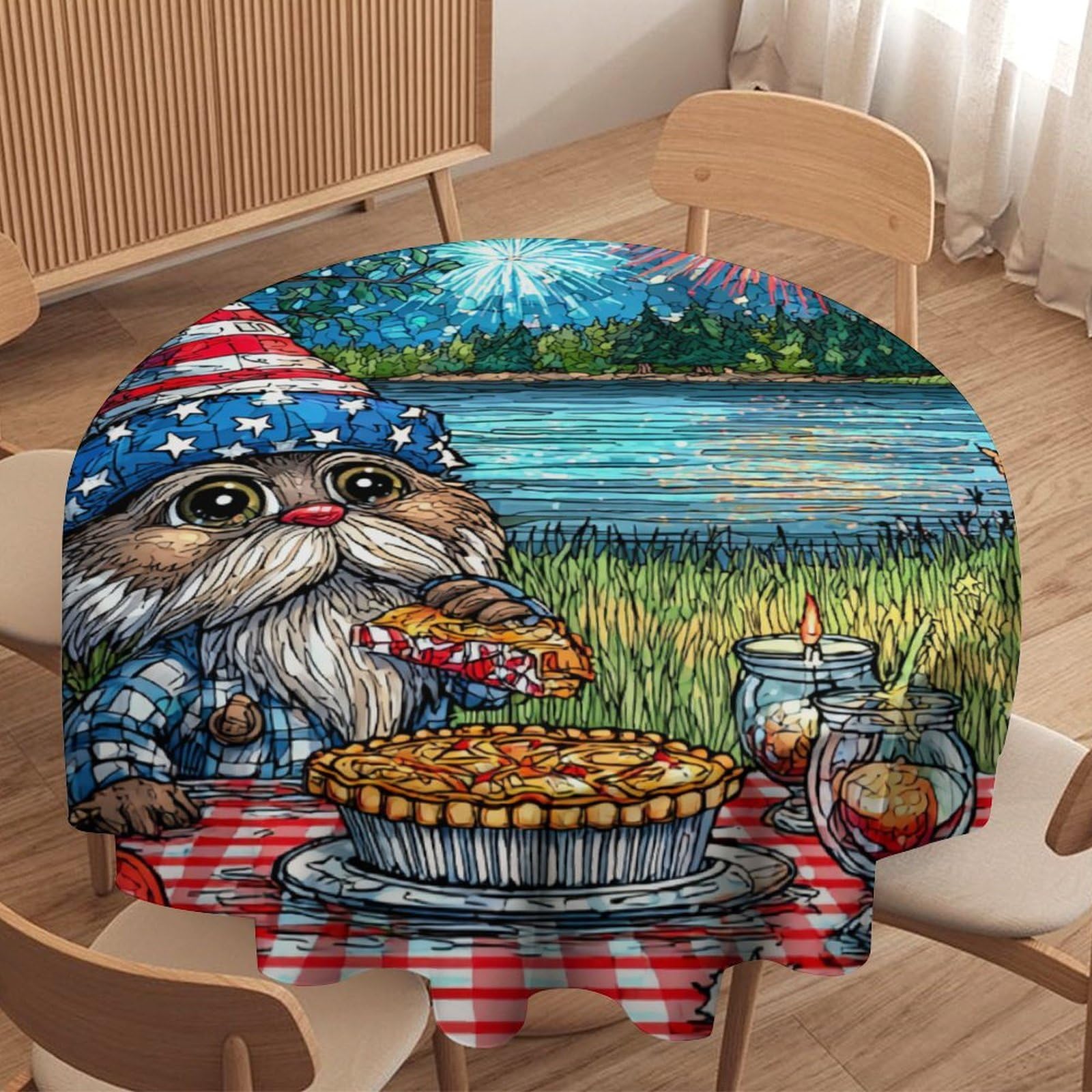 LUYYSKY Abstract Anime Cute Gnome Waterproof Round Tablecloth Retro Watercolor Patriotic American Flag Print Washable Table Cover for Kitchen-177.8" Wx177.8 L cm
