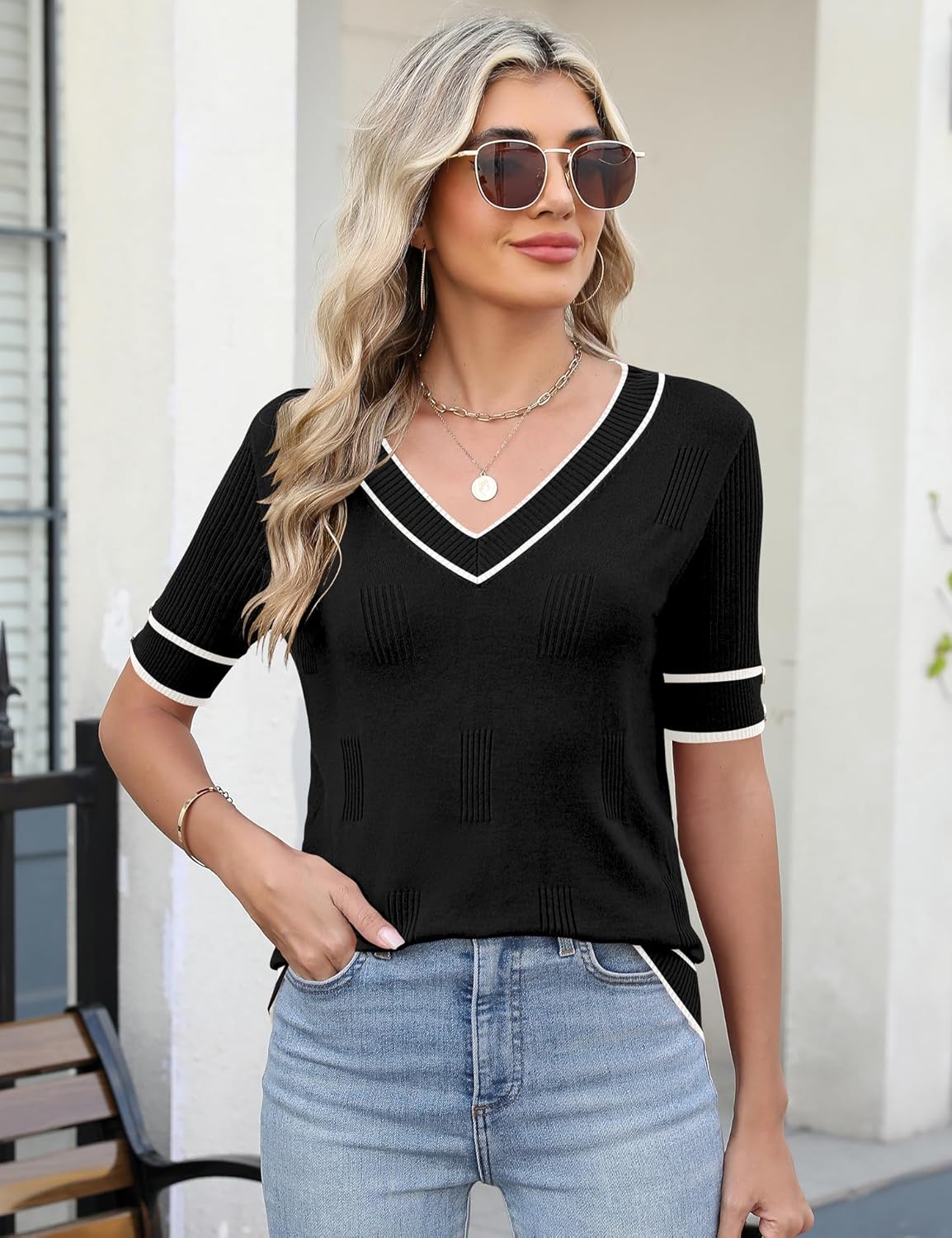 AKEWEI Womens V Neck Sweater Short Sleeve Lightweight Knit Spring Summer Tops with Decorative Buttons - Image 3