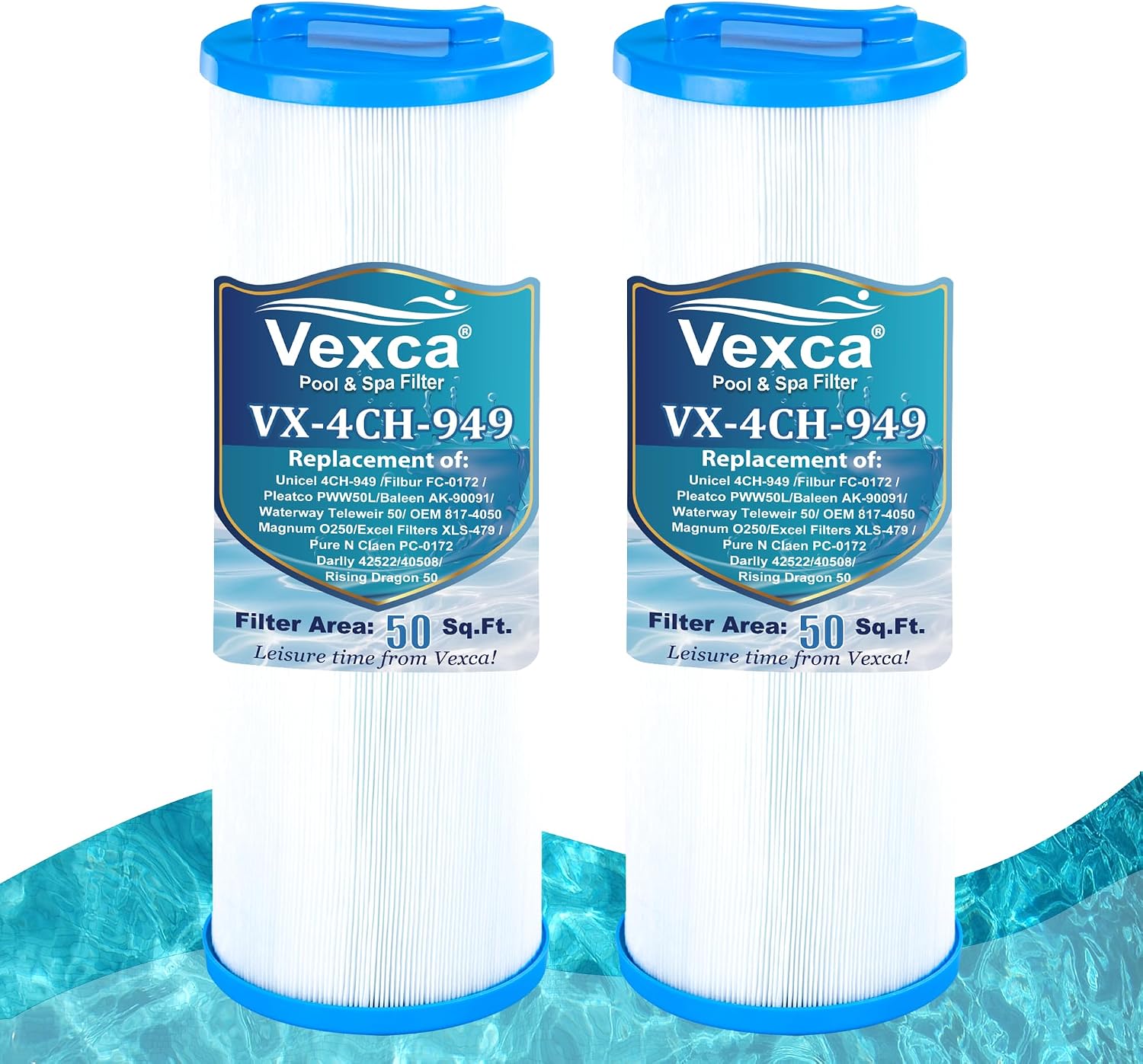 Vexca® 4CH-949 Spa Filter Replacement for Pleatco PWW50L, Filbur FC-0172, SD-01143, FIL50-5D13H15FCT-3, 817-4050, Baleen AK-90091, Rising Dragon 50, Waterway Teleweir, 50 Sq.Ft, 2 Pack