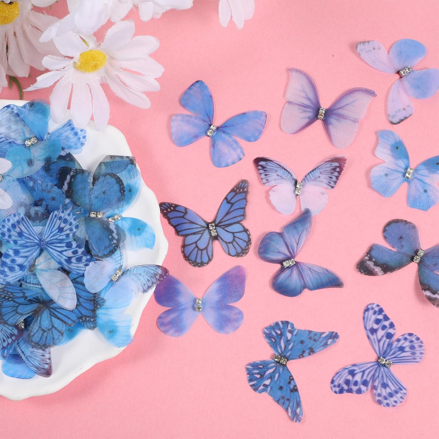 60 Pcs Organza Butterfly 2 Layers Appliques Organza 3D Lace Wings Wall Decoration for Crafts Wedding Party and Home Decor (Blue)