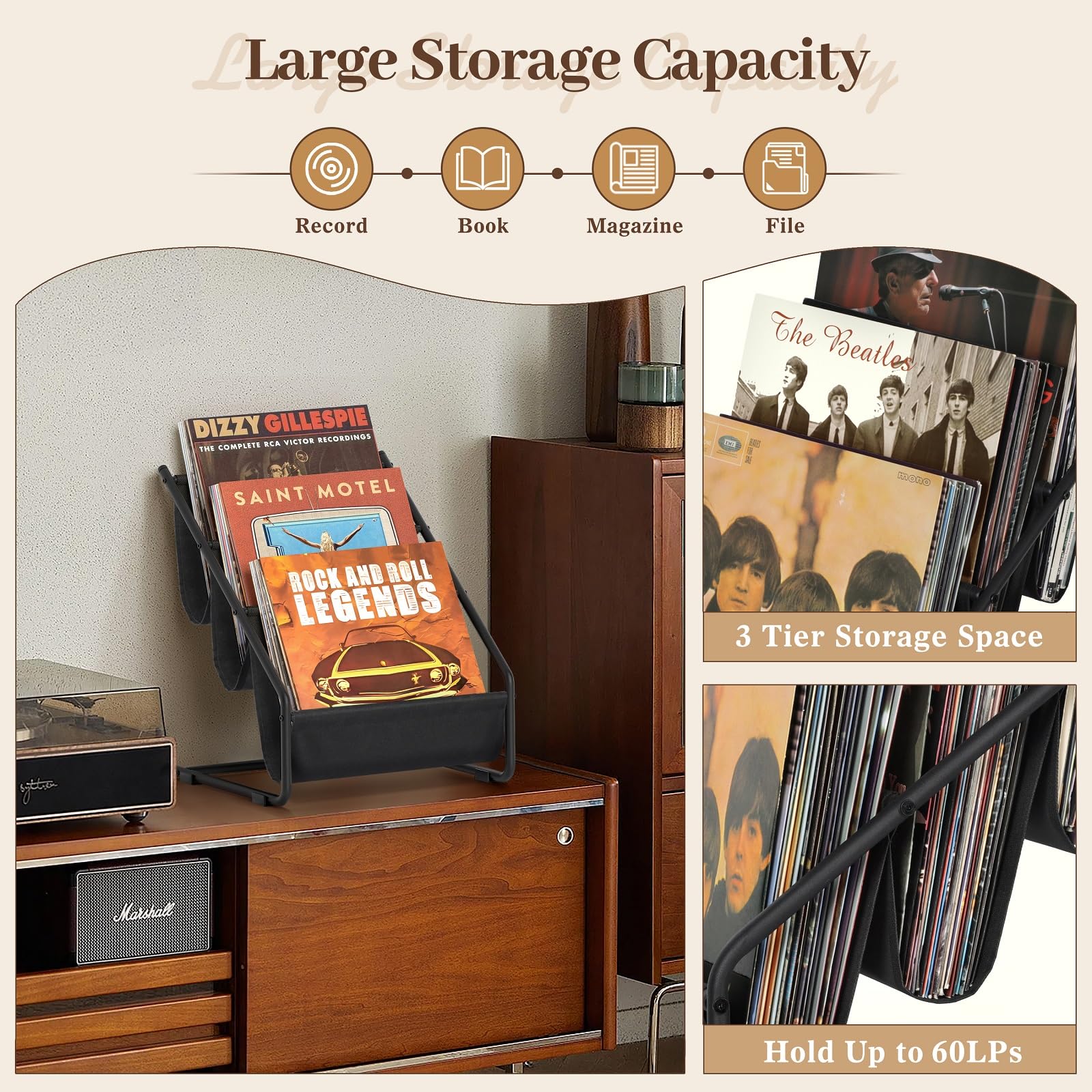 Snapklik.com : Vinyl Record Storage, 3-Tier Record Holder Up 40-60 LPs ...