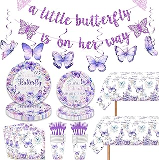 121 Pcs A Little Butterfly Is On The Way Party Decor Butterfly Baby Shower Paper Plates Napkins Forks Cups Tablecloth Banner Dinnerware for Butterfly Gender Reveal 1st Bday Party Supplies Decorations