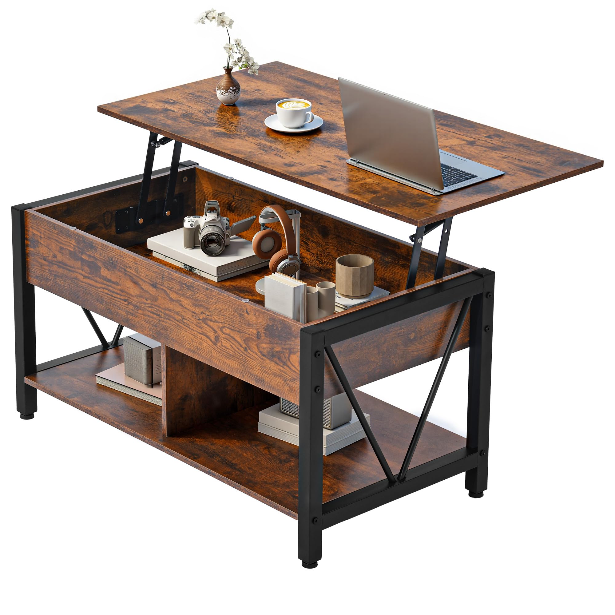 YITAHOME Couchtisch mit Anhebbarer Platte, Leicht Anzuheben, 2-Stufiger Stauraum, Höhenverstellbarer Couchtisch mit Verstecktem Staufach und Ablagefläche für Wohnzimmer, Büro, Vintage-Braun