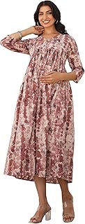 Janasya Women's Mauve Pure Cotton Tie-dye A-line Maternity Dress