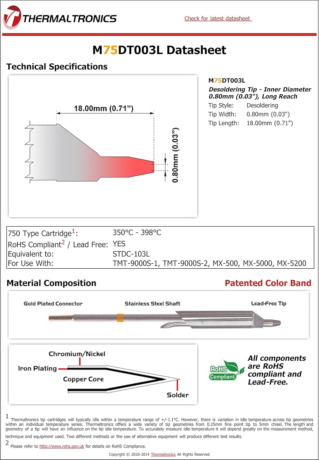 Thermaltronics M75DT003L Desoldering Tip - Inner Diameter 0.80mm (0.03in), Long Reach interchangeable for Metcal STDC-703L