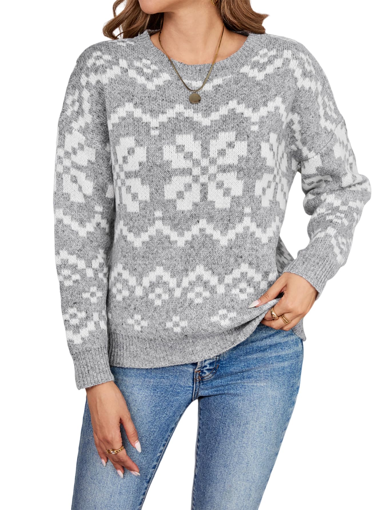 Womens Ugly Christmas Oversized Crew Neck Sweater Snowflake 2025 Winter Trendy Geometric Pullover Sweaters